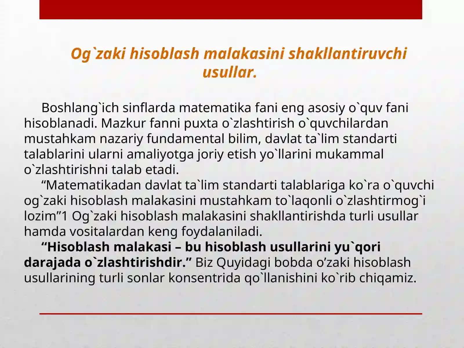 Og`zaki hisoblash malakasini shakllantirish 4