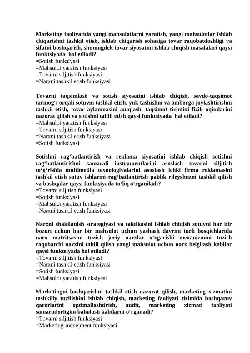 MARKETING FANIDAN TEST SAVOLLARI 4