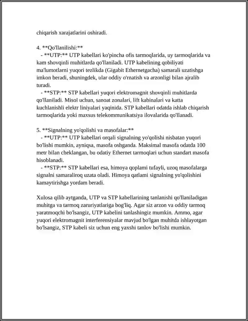 SIMLI TARMOQLARDA KABEL TURLARI (UTP) (STP) VA ULARNING QOʻLLANILISHI 4