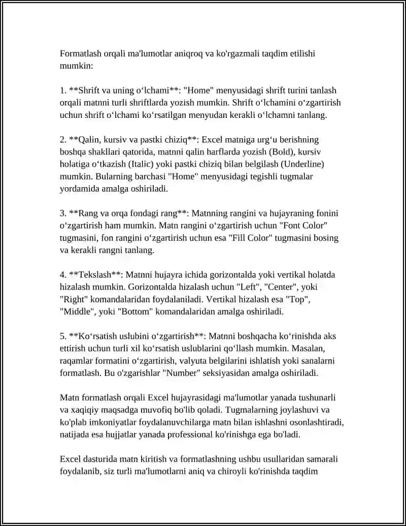 EXCEL DASTURIDA ISHLASH VA MATN YARATISH 4