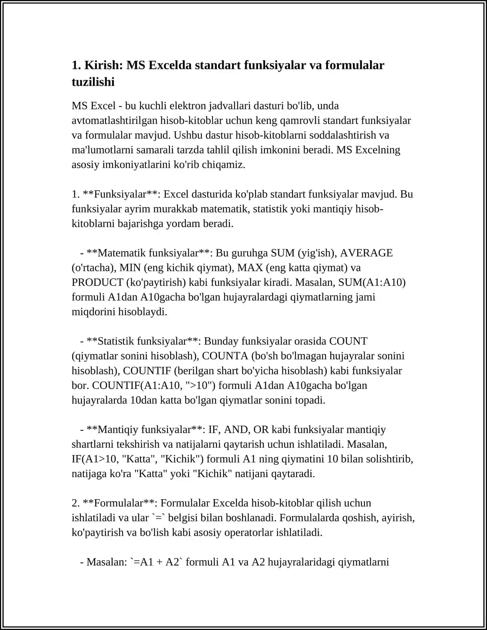 MS EXCEL DASTURIDA STANDART FUNKSIYALAR BILAN ISHLASH 4