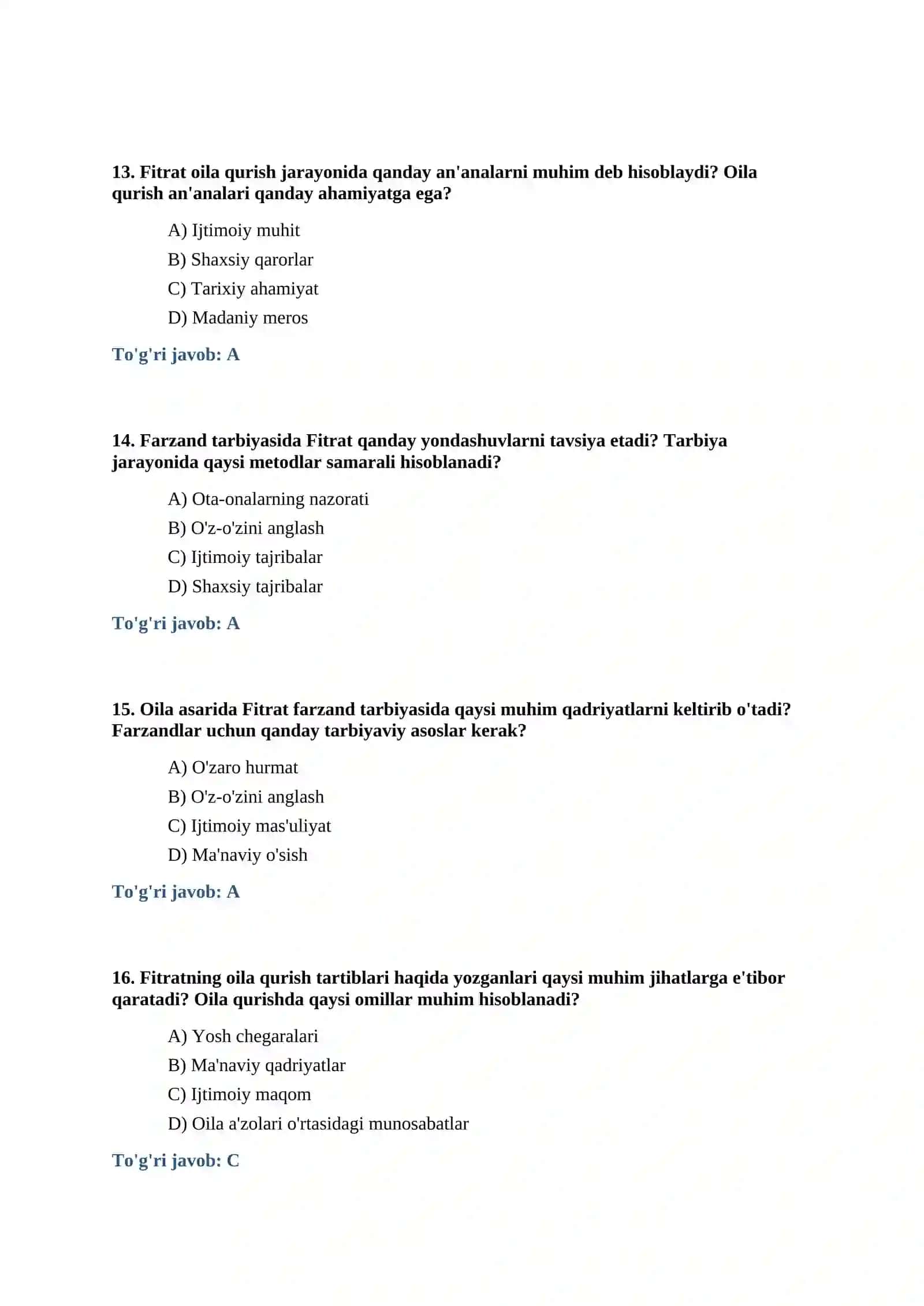 Abdurauf Fitratning Oila asari test savollari javobli 4