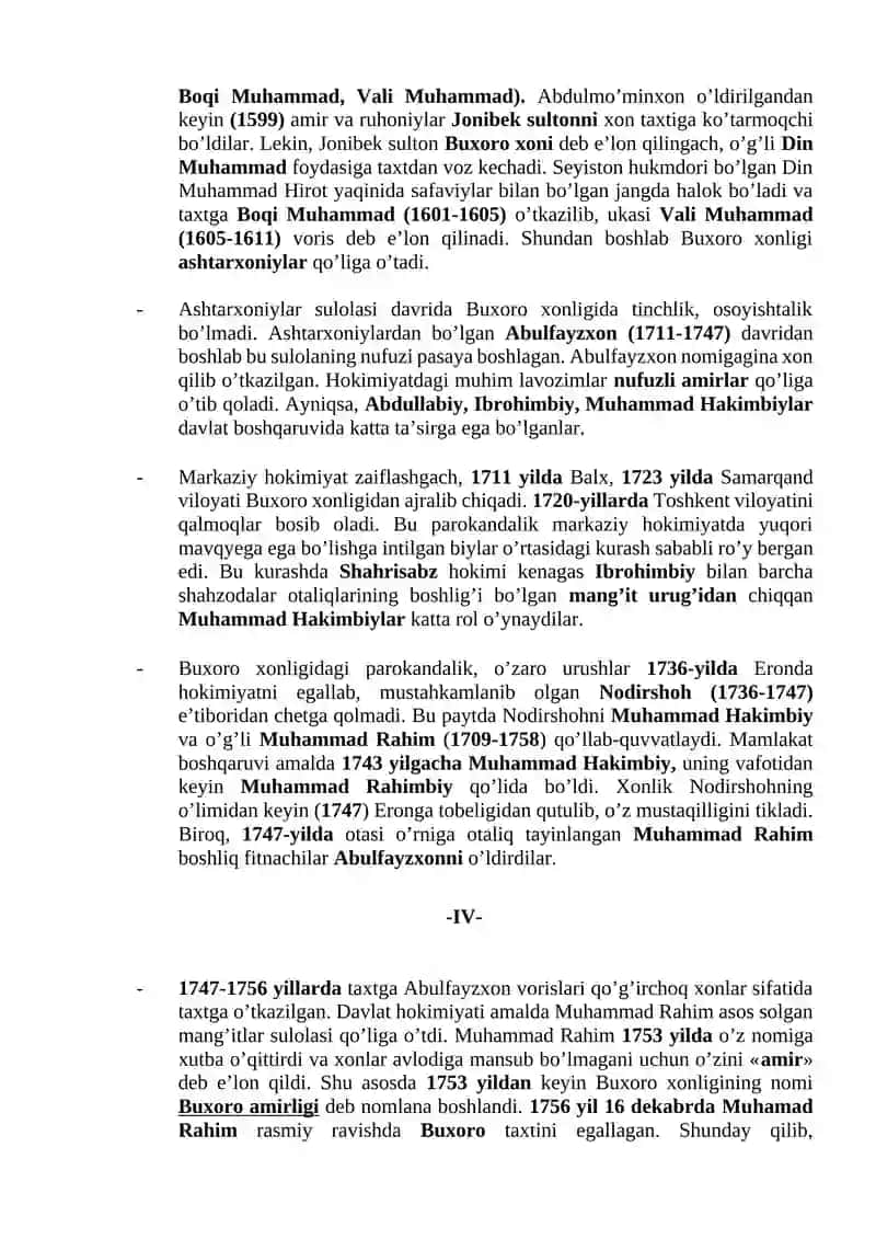 O‘rta Osiyoning xonliklarga bo‘linib ketishi, uning sabab va oqibatlari 4