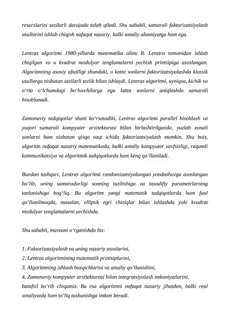 Lentrasning faktorizatsiyalash algoritmi 4