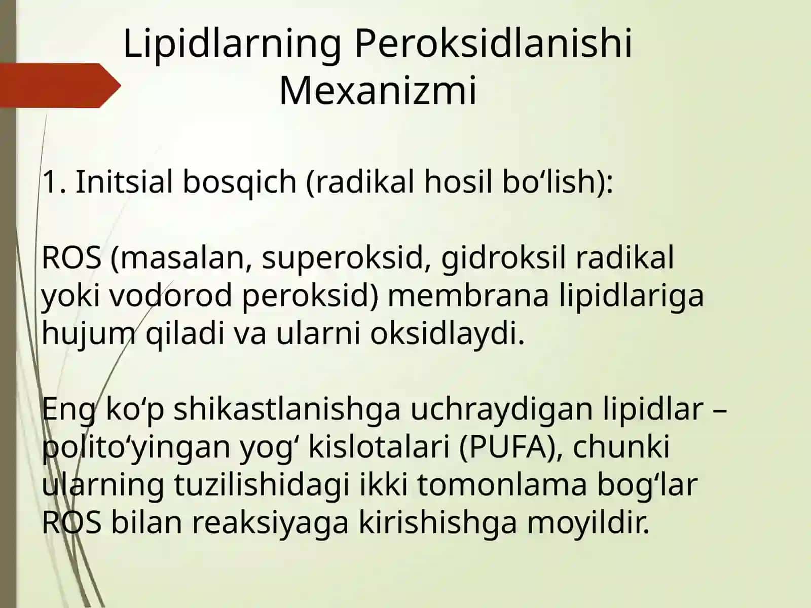 Lipidlarning Peroksidlanishi va Hujayra Shikastlanishi Yog' kislotalarining-oksidlanishi, ahamiyati, buzilishlari. Qandli diabet va ochlikda ketonuriya va ketonemiya 4