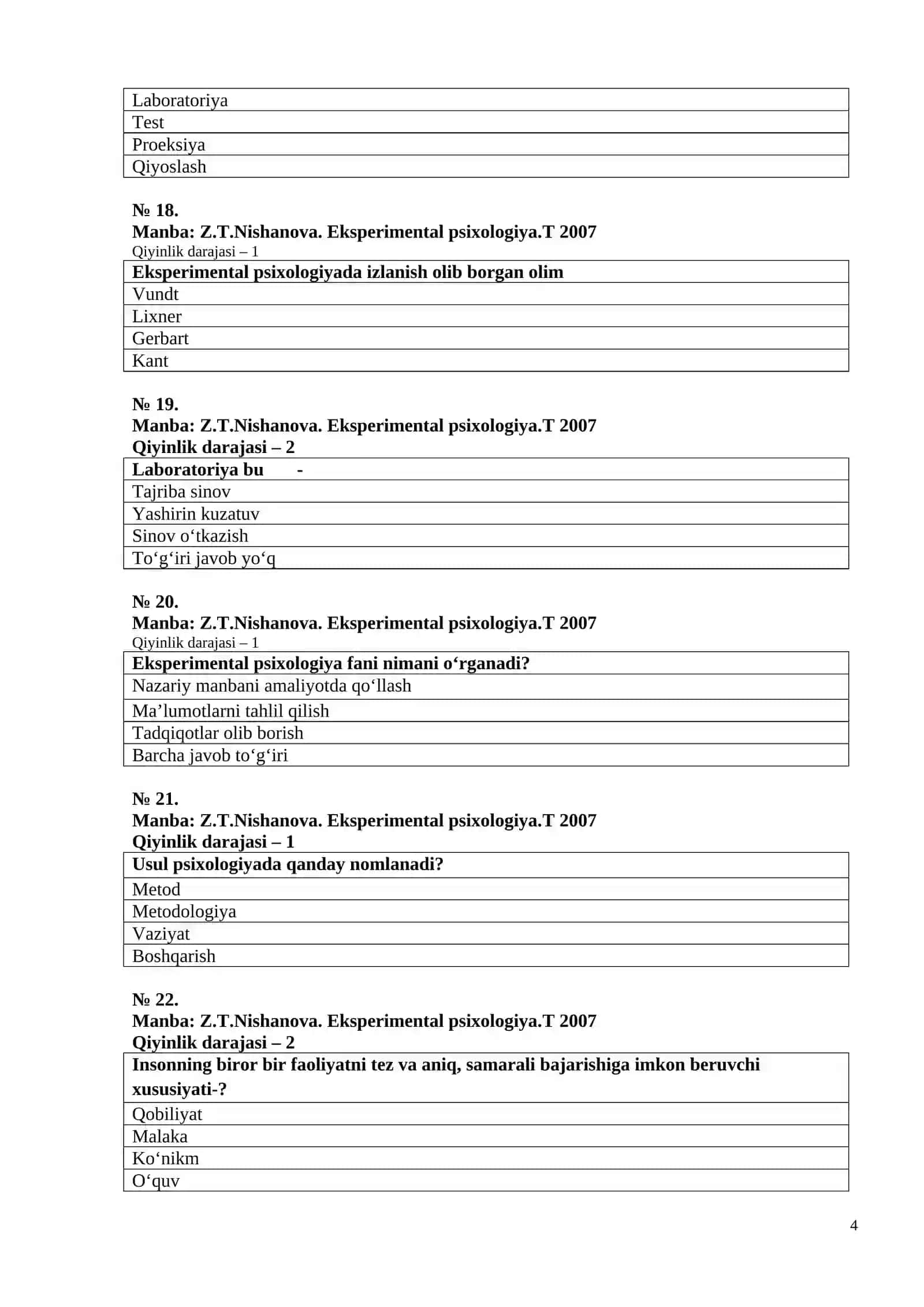 EKSPERIMENTAL PSIXOLOGIYA VA PRAKTIKUM 4