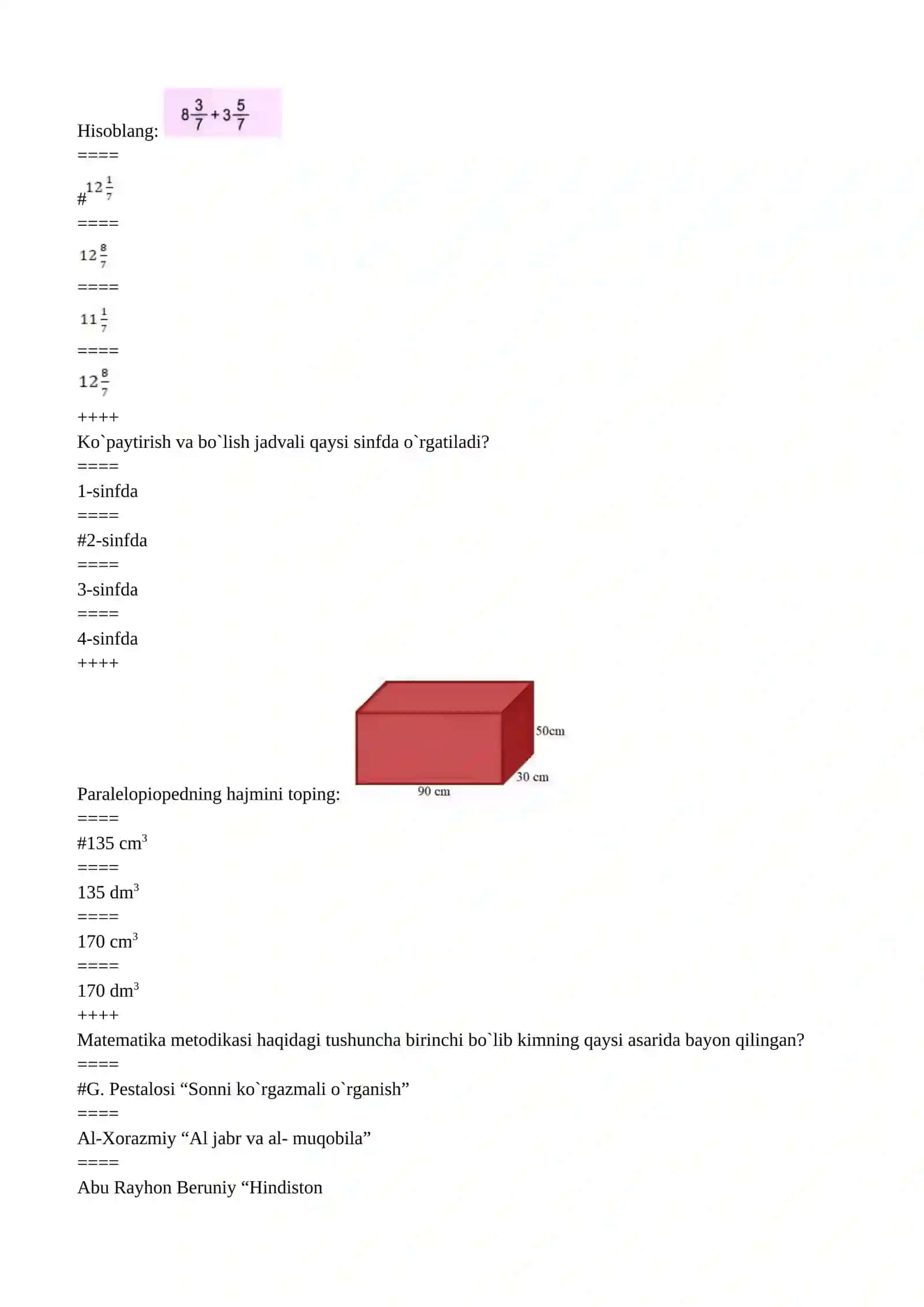 matematika o'qitish metodikasidan testlar to'plami 4