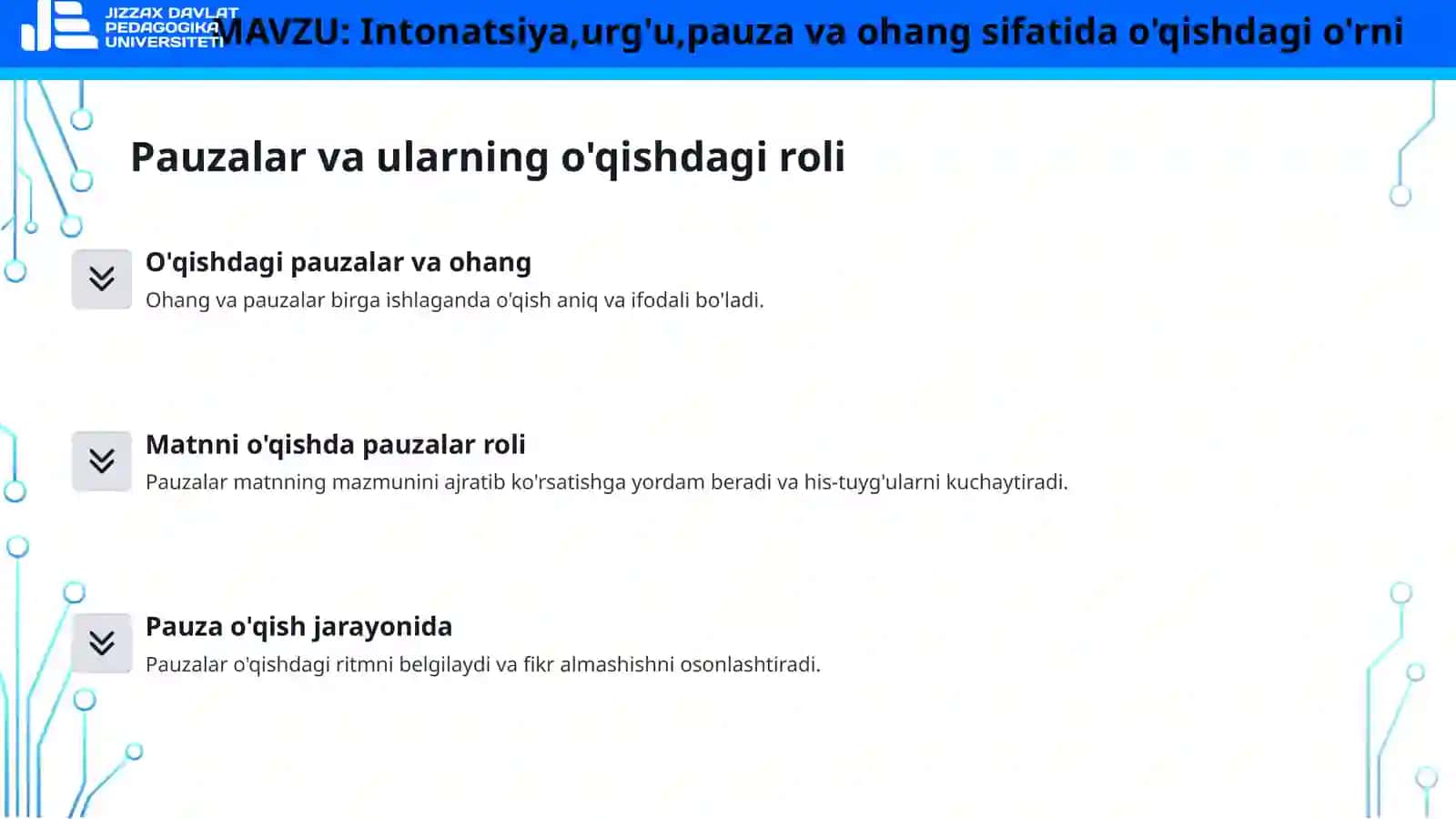 Intonatsiya,urg'u,pauza va ohang sifatida o'qishdagi o'rni 4