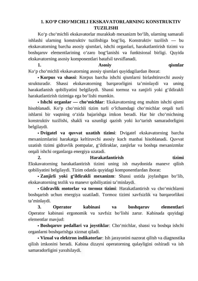 Ko'p cho'michli ekskavatorlarning konstruktiv sxemalari 4