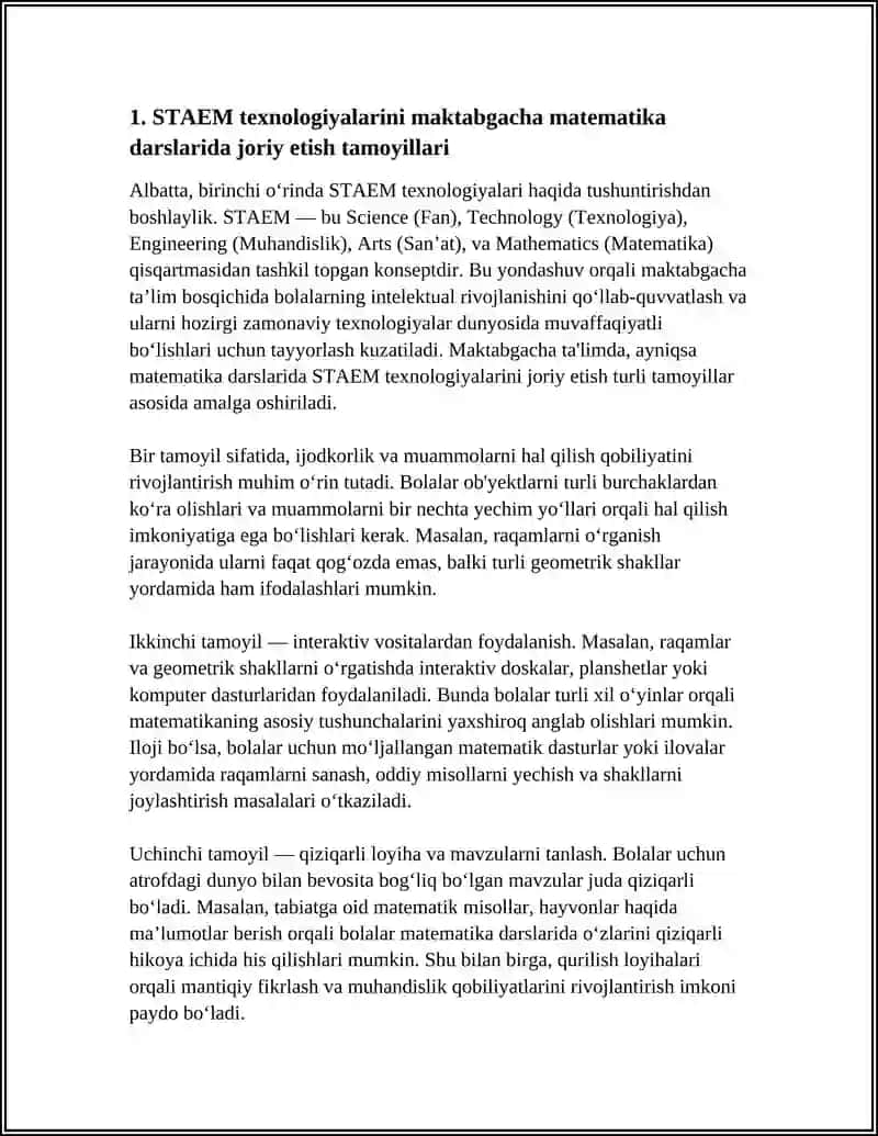 MAKTABGACHA YOSHDAGI BOLALARNI MATEMATIK TALIMDA STAEM TEXNALOGIYALARIDAN FOYDALANISH. BOLALARNI MAKTABGA TAYYORGARLIK DARAJASIGA QUYILADIGAN MENEMAL TALABLAR 4