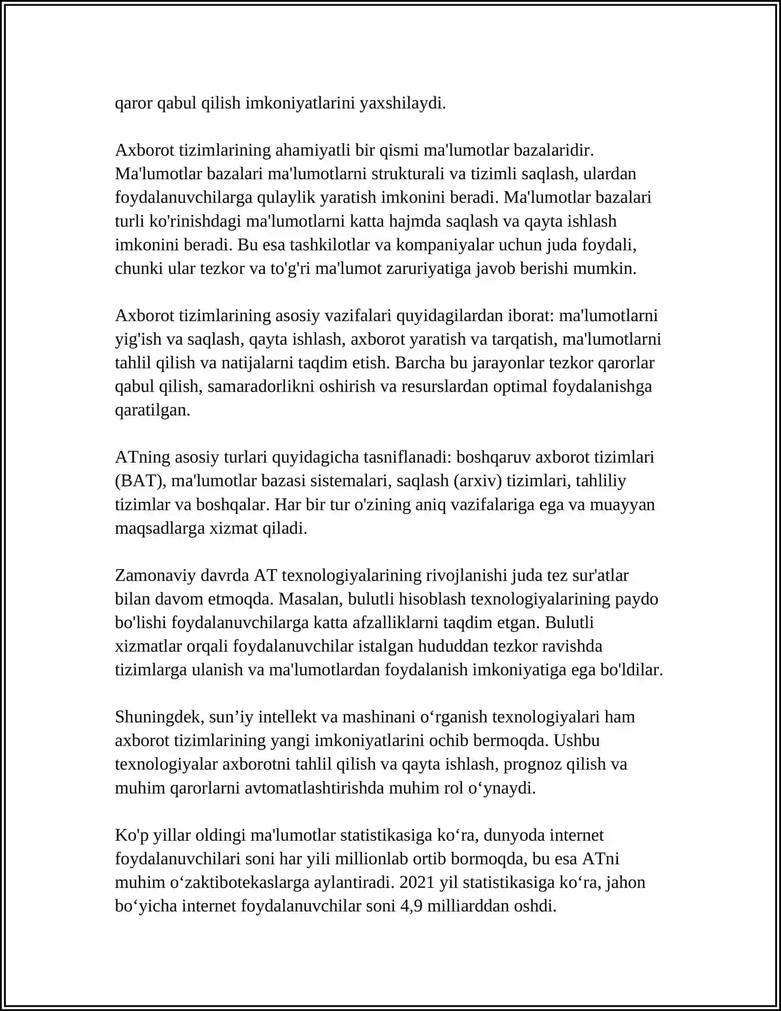 AXBOROT TIZIMI TUSHUNCHASI VA UNING TARKIBIY QISIMLARI 4