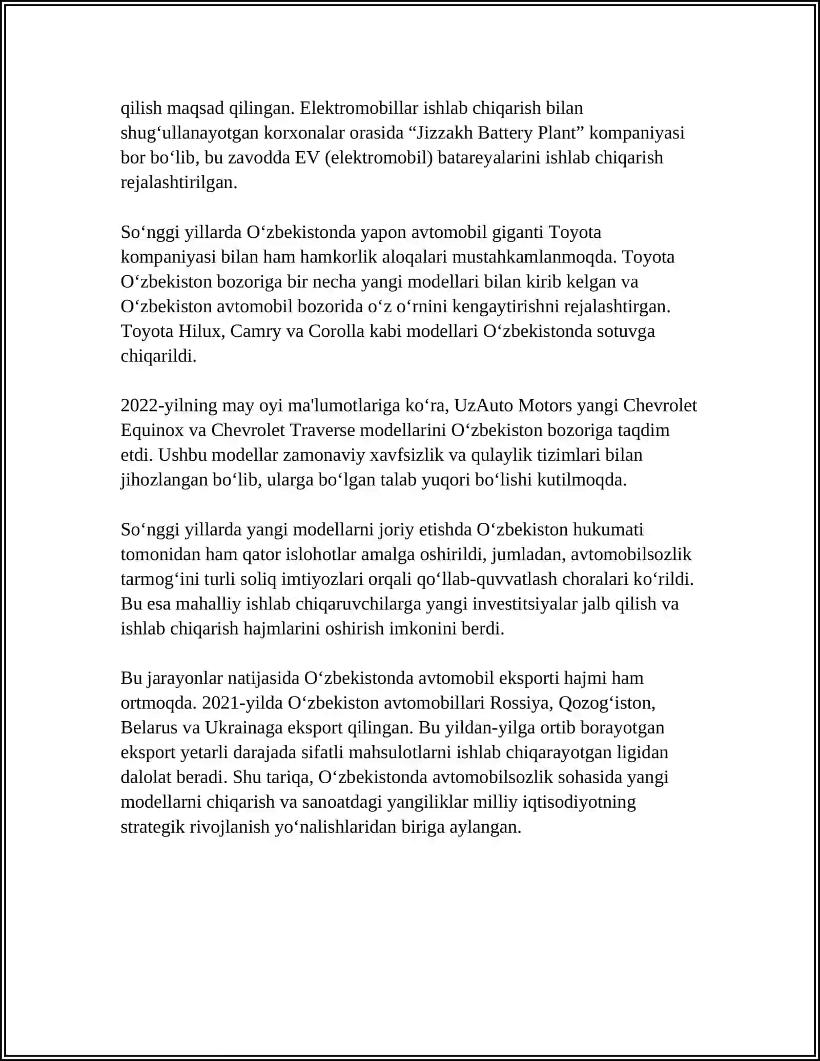 AVTOMOBILSOZLIK VA SANOAT SOHASIDAGI YANGILIKLAR 4