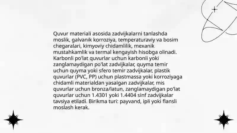 Turba quvurlari zadvijkalari va armaturalarini tanlash 4