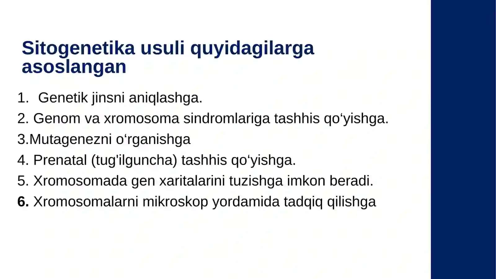 odam genetikasining oʻrganish usullari:sitogenetik,dermatoglifika,biokimyoviy. 4