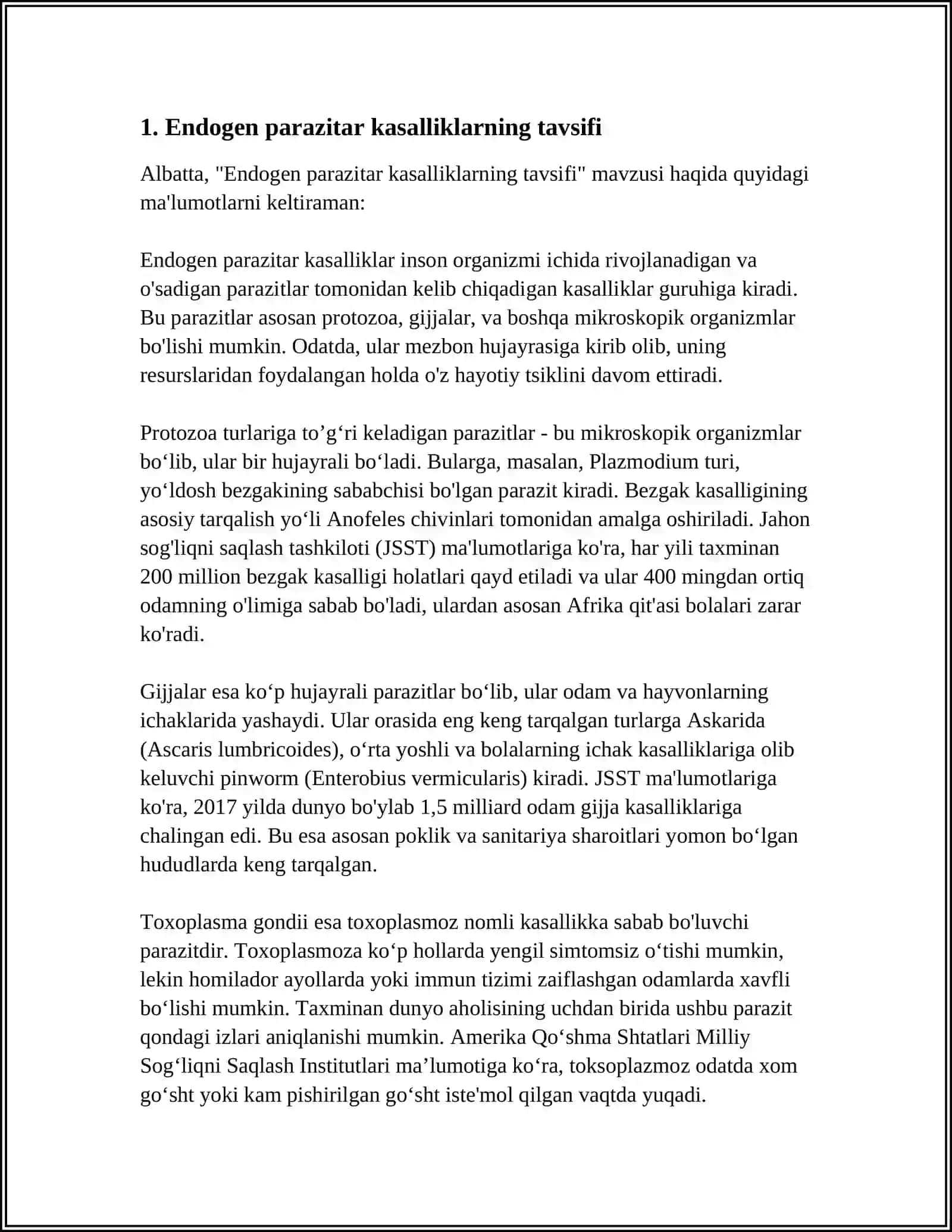 ENDOGEN PARAZITAR KASALLIKLAR,KLASSIFIKATSIYASI, PATOGENEZI,LABORATORIYA TASHHISI. ZAMBURUG‘LARNING GENETIKASI 4