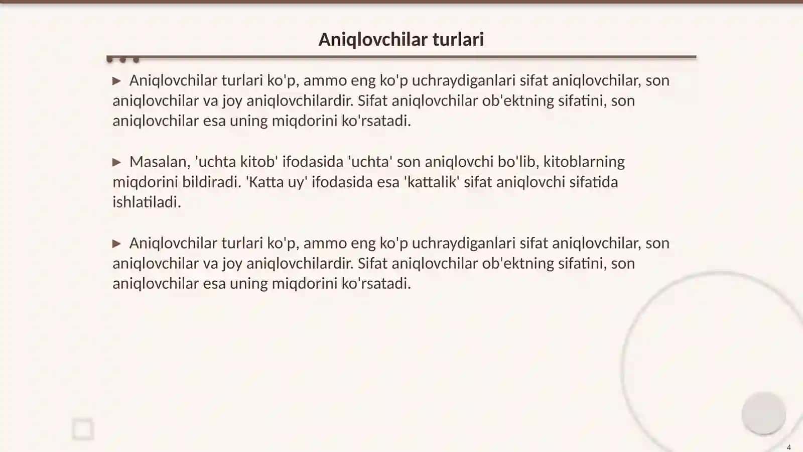 Aniqlovchi va uning turlari 4