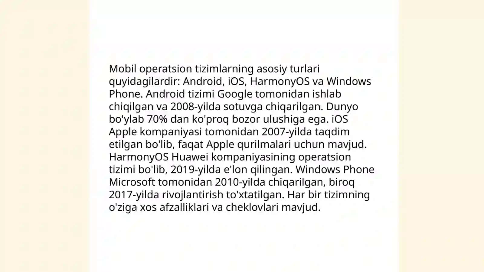 Statsionat va mobil operatsion tizim turlari 4
