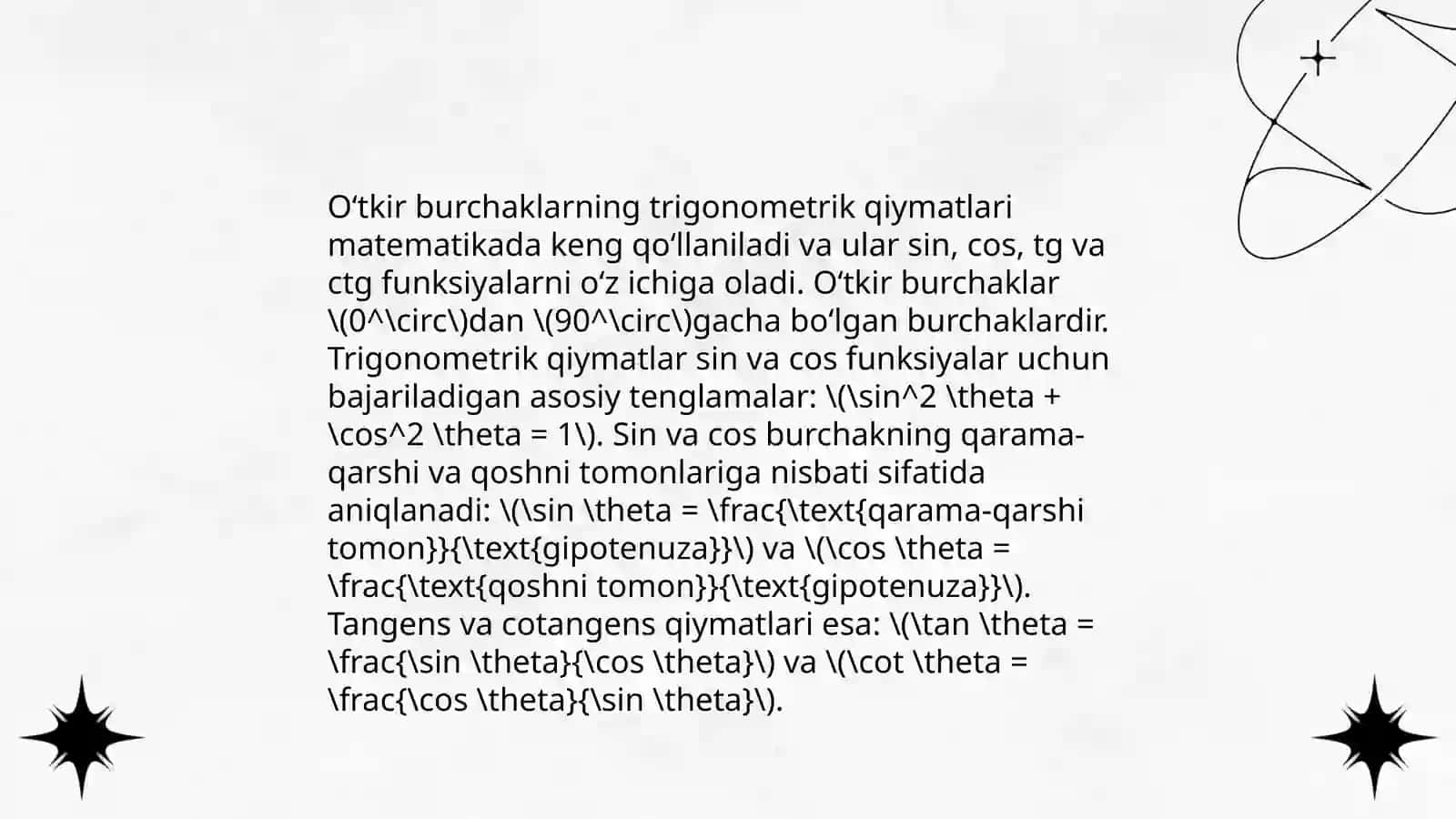 Oʻtkir burchaklarning trigonometrik qiymatlari bilan tanishish 4