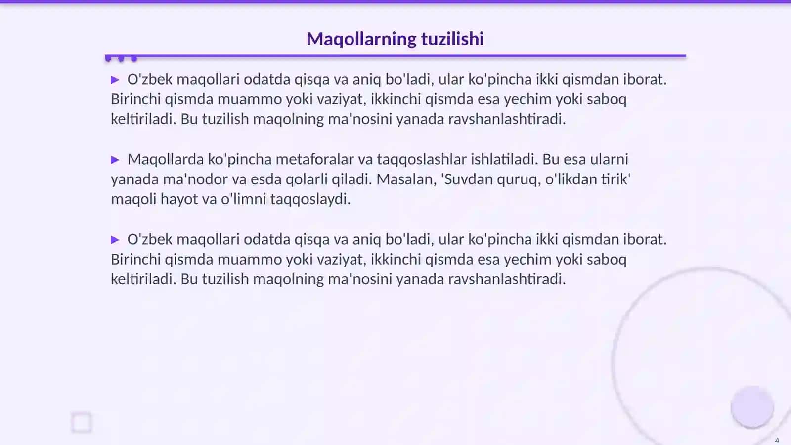O'zbek xalq maqollari 4 "A" - sinf 4