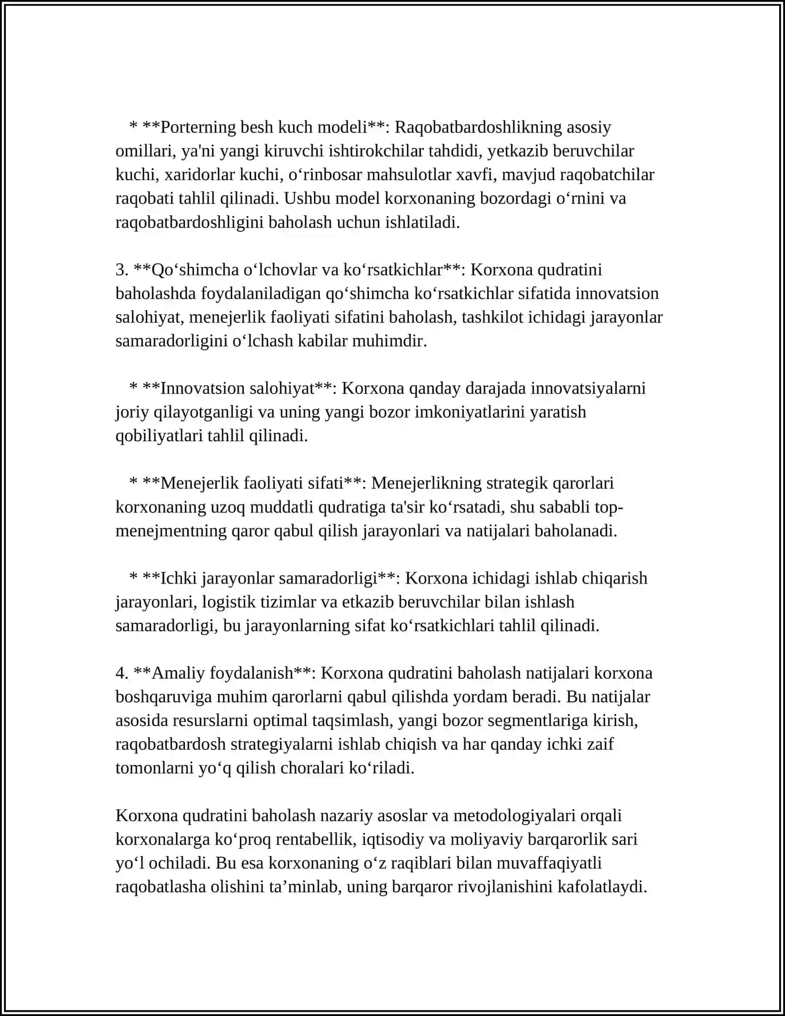 KORXONA QUDRATINI BAHOLASH VA BOSHQARISH REFERAT 4