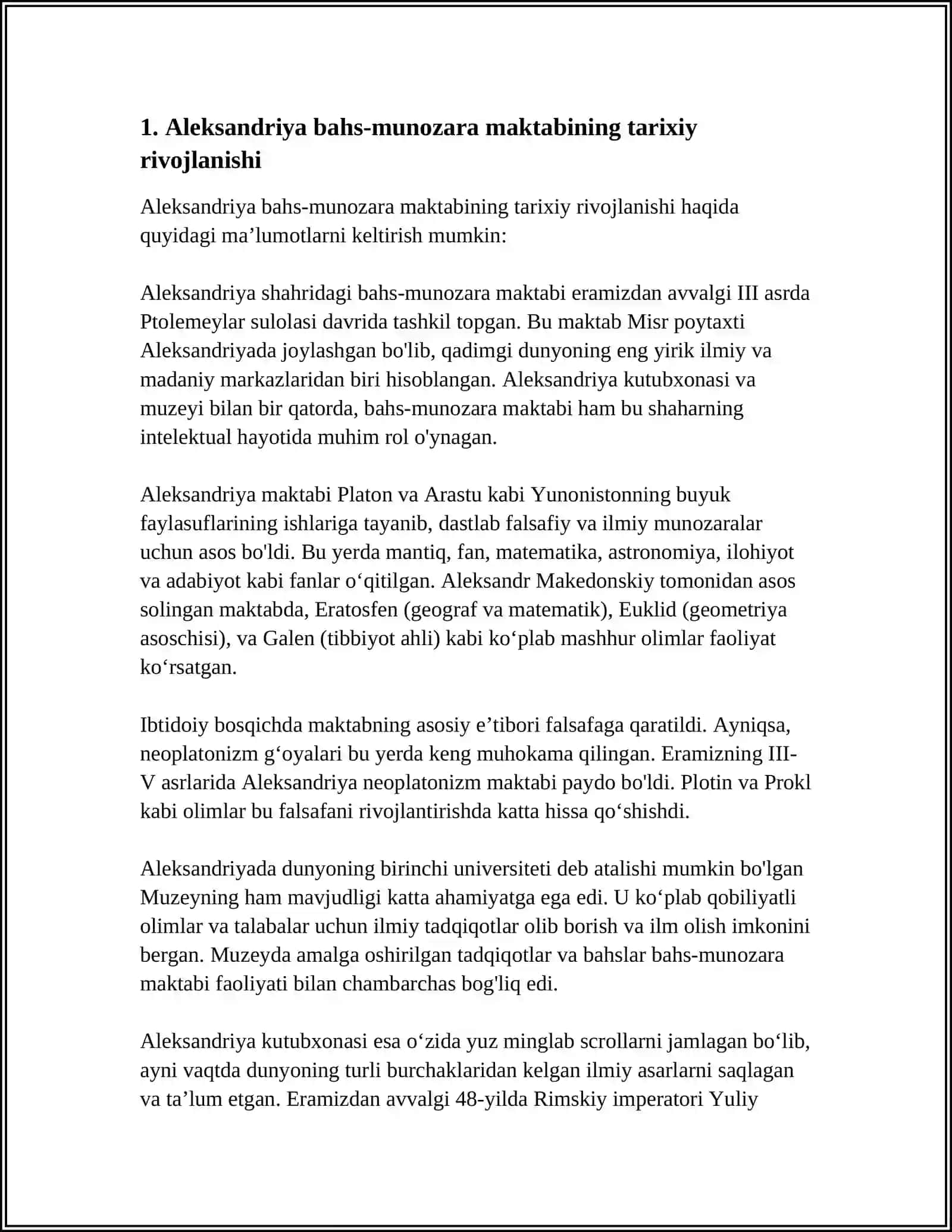 ALEKSANDRIYA BAHS-MUNOZARA MAKTABI HAQIDA ESSE TAYYORLASH 4