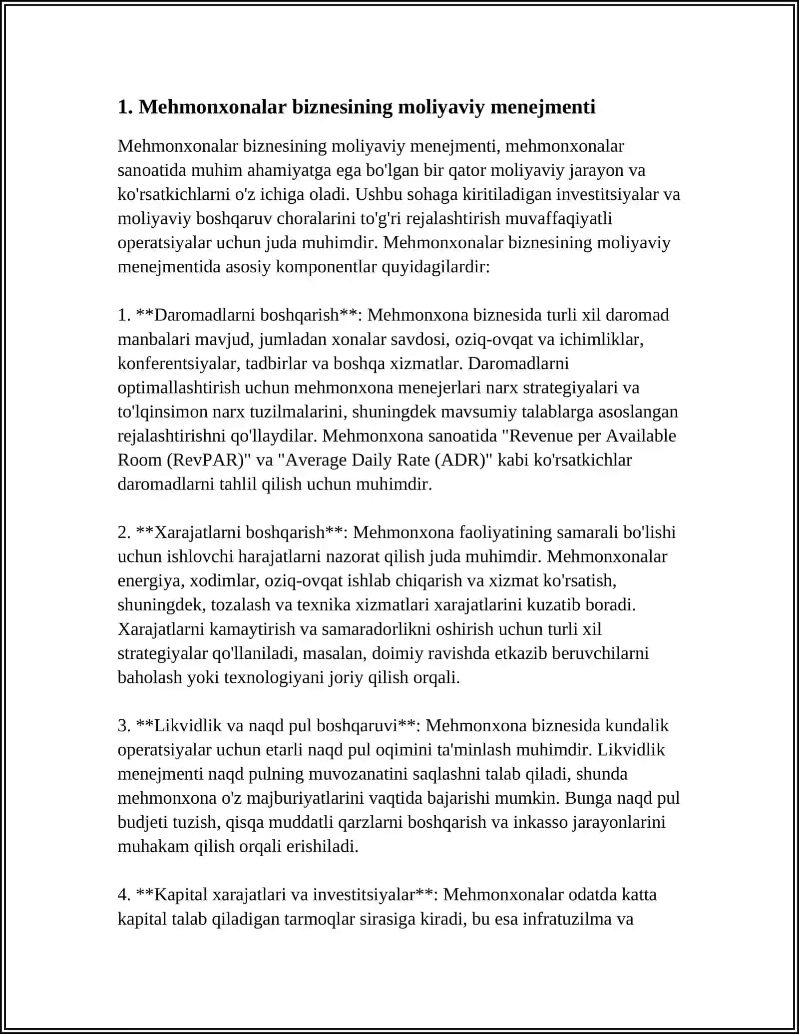 Mehmonxonalar biznesining moliyaviy menejmenti 4