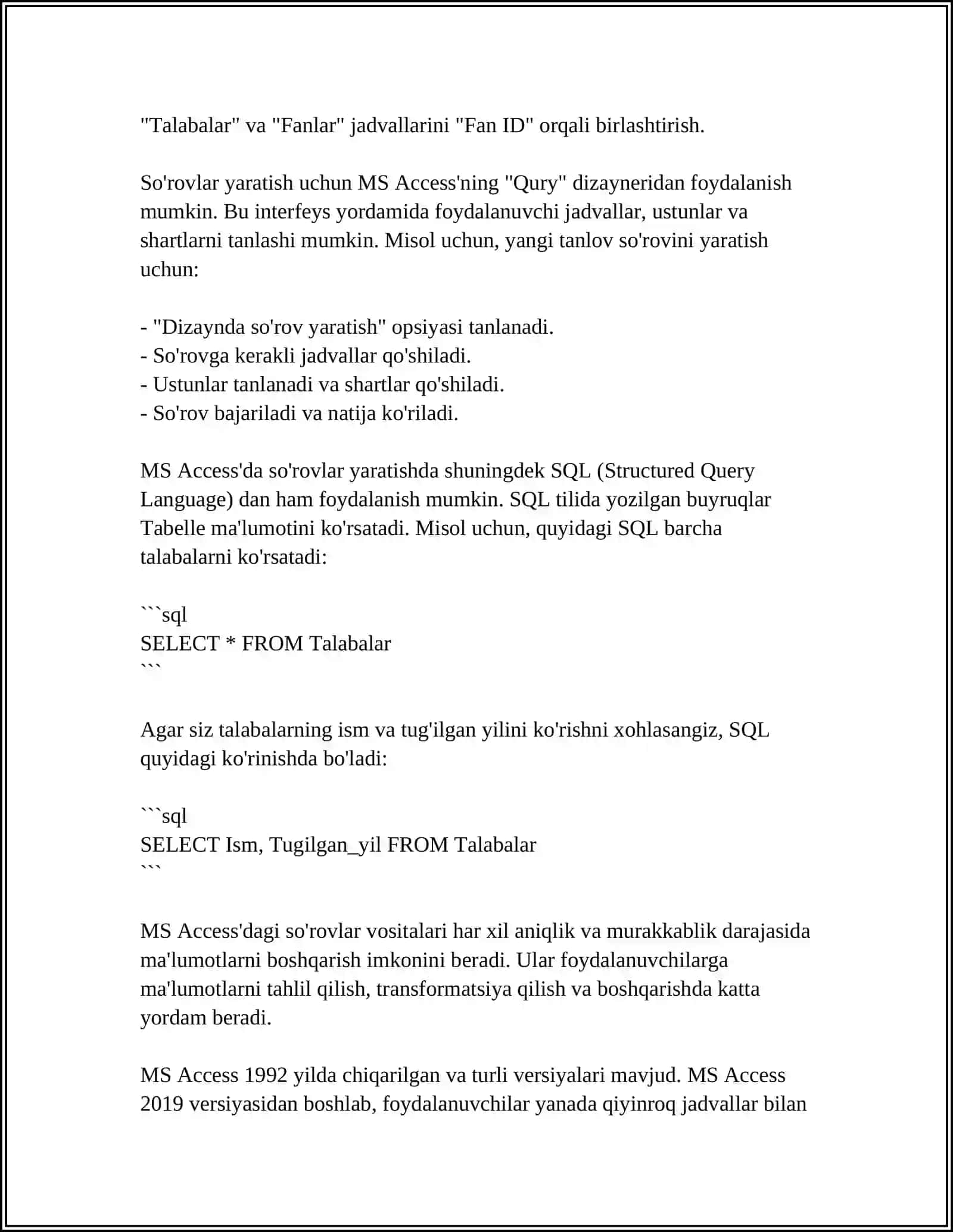 MS ACCESS MUHITIDA TURLI SOʻROVLAR YARATISH VA SQL SOʻROVLAR TILI 4