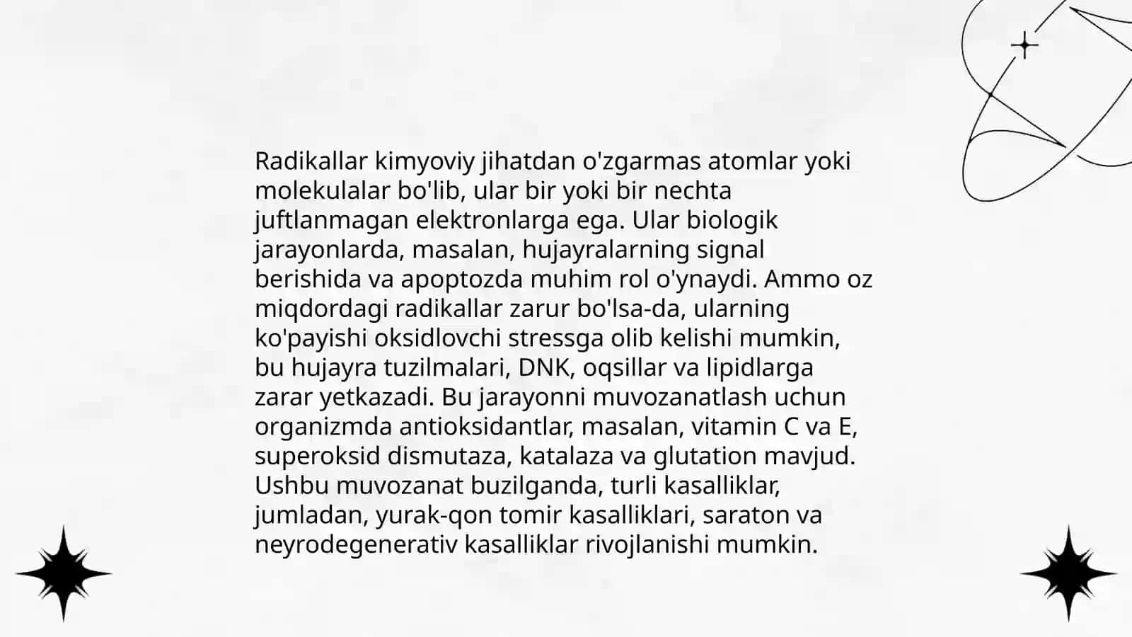 Radikal birikishi radikal faoliyat zarralar. Harash effekti 4