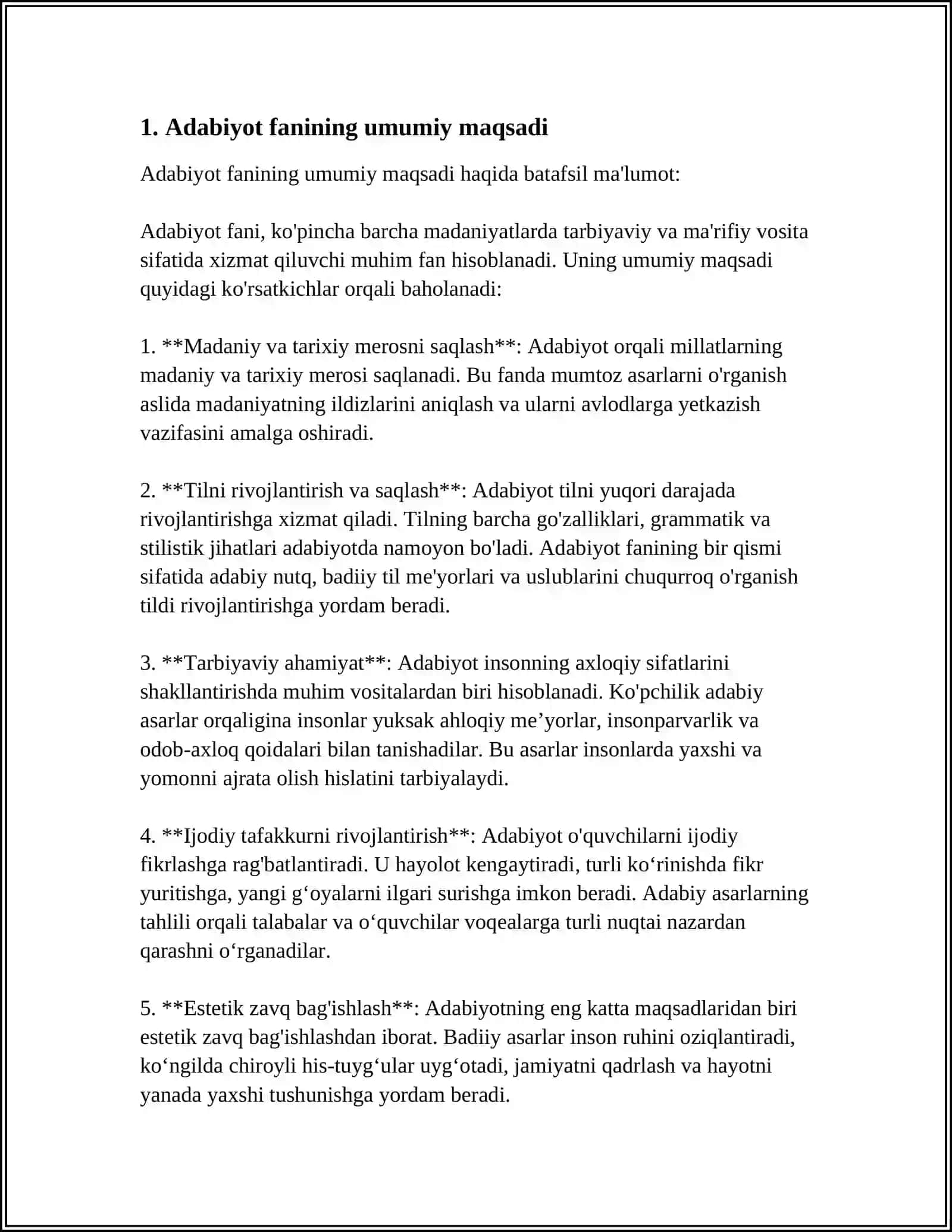 ADABIYOT FANINING MAQSAD VA VAZIFALARI.O'ZBEK BOLALAR ADABIYOTI ISTILOHI VA UNING PAYDO BO'LISHI 4