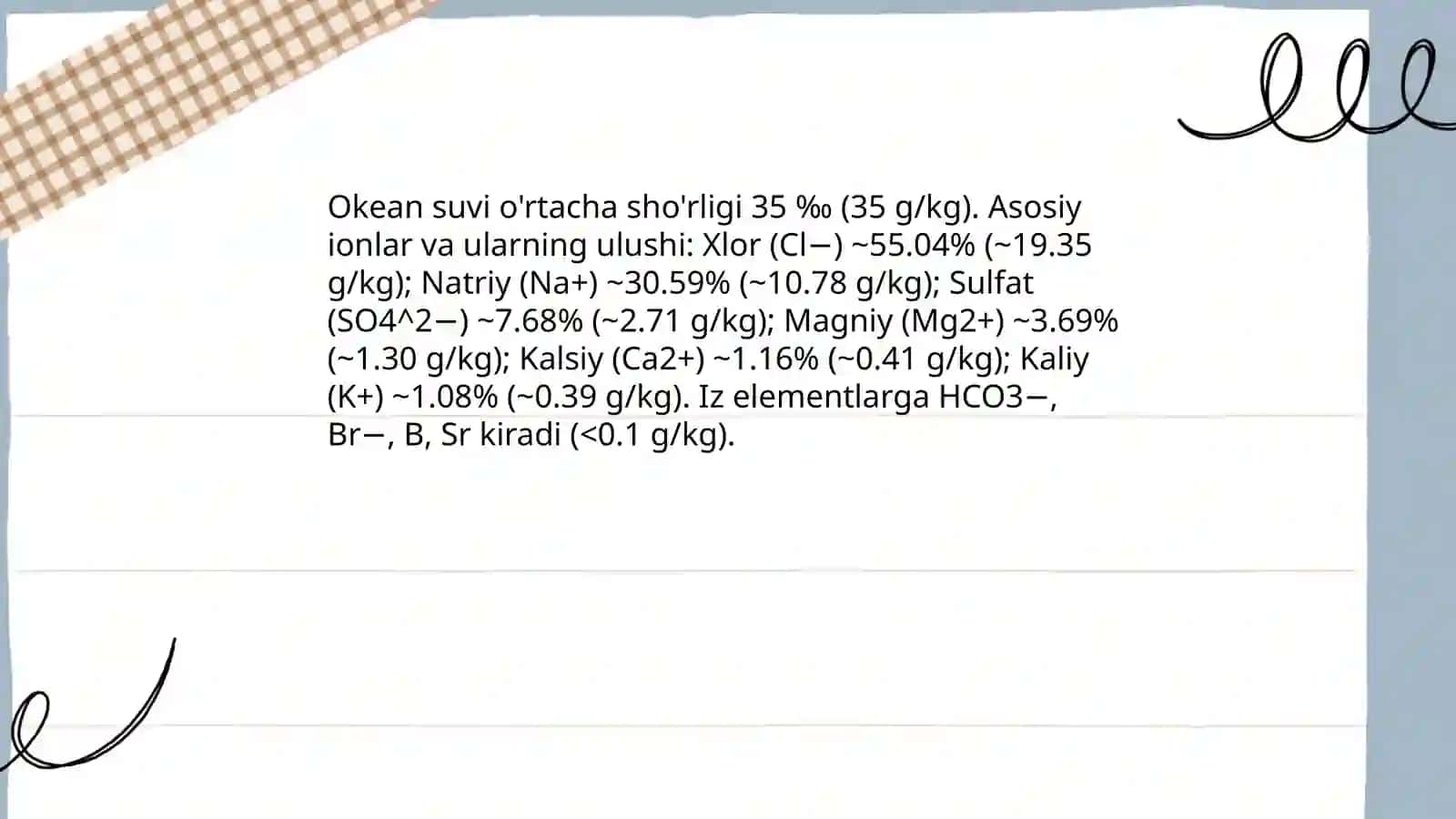 Dunyo okeanni suvi xususiyatlari, okean tubi relyefi, oqimlari xaritasini ishlash. Dunyo okeani suvi xususiyatlari okean tubi relyefi, oqimlari xaritasini tavsif yozish 4