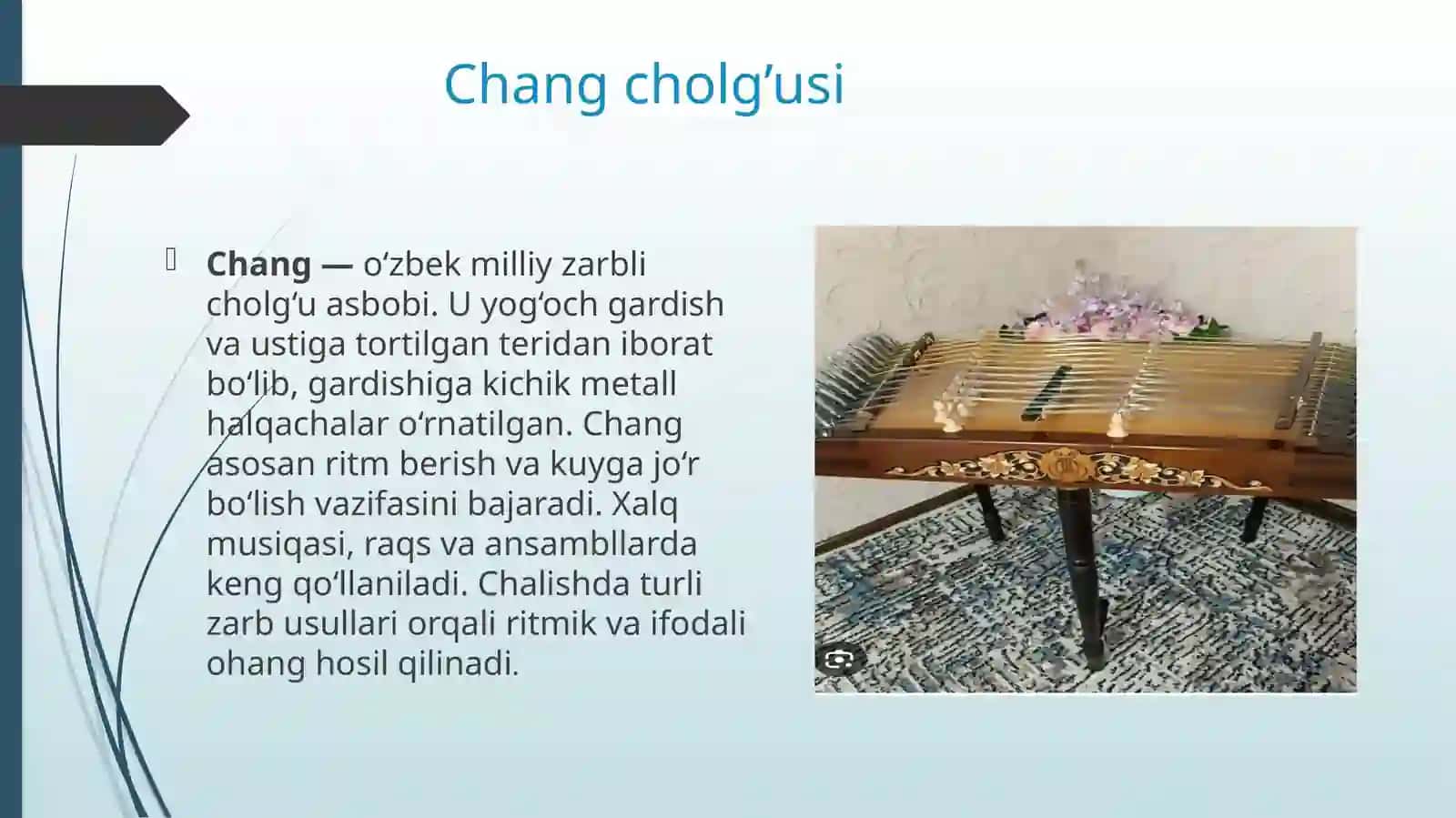 BMSM 1–2-sinf o‘quvchilariga chang cholg‘usida [] ning “Raqs” asarini o‘rgatish metodikasi 4