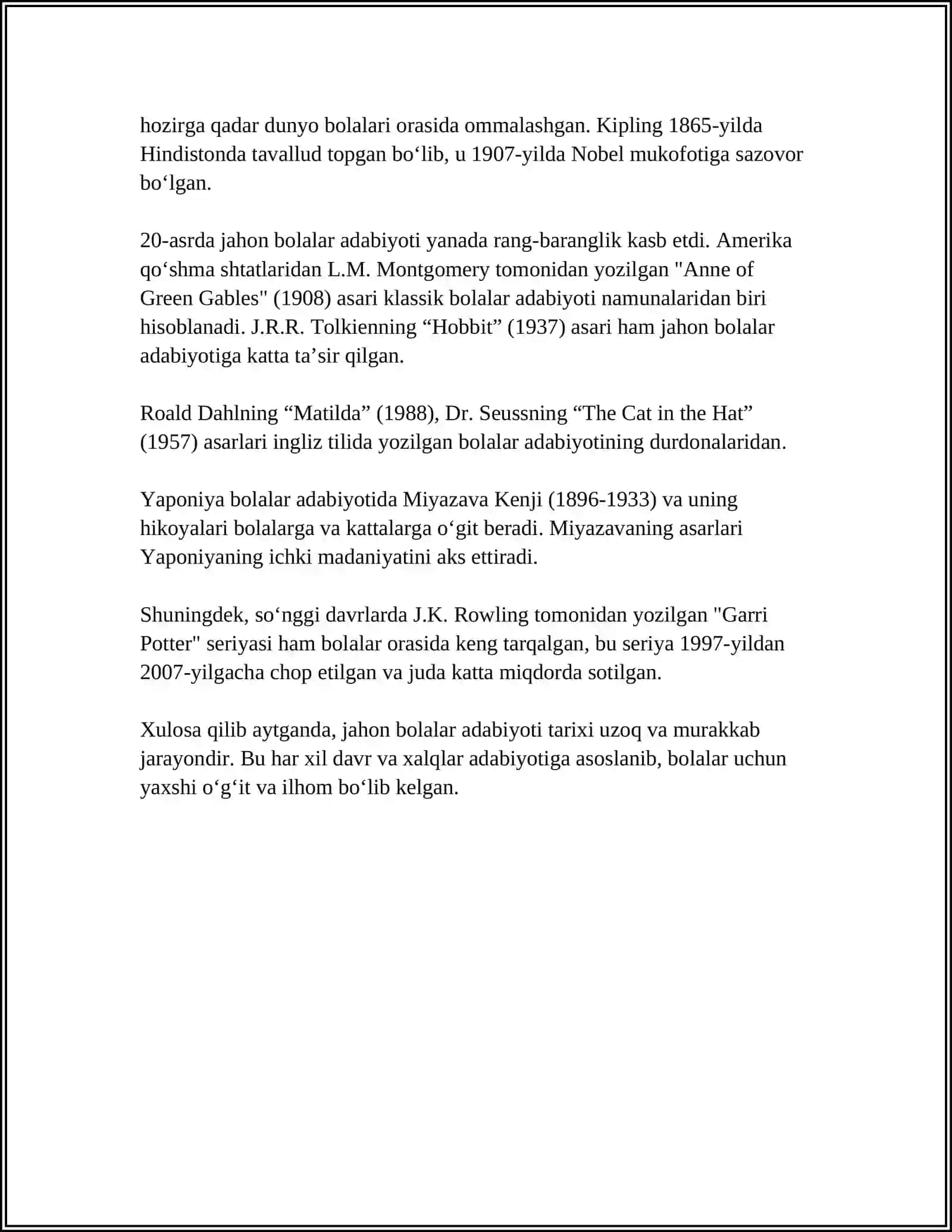 JAHON BOLALAR ADABIYOTI NAMUNALARINI OʻQITISH TEXNOLOGIYASI 4