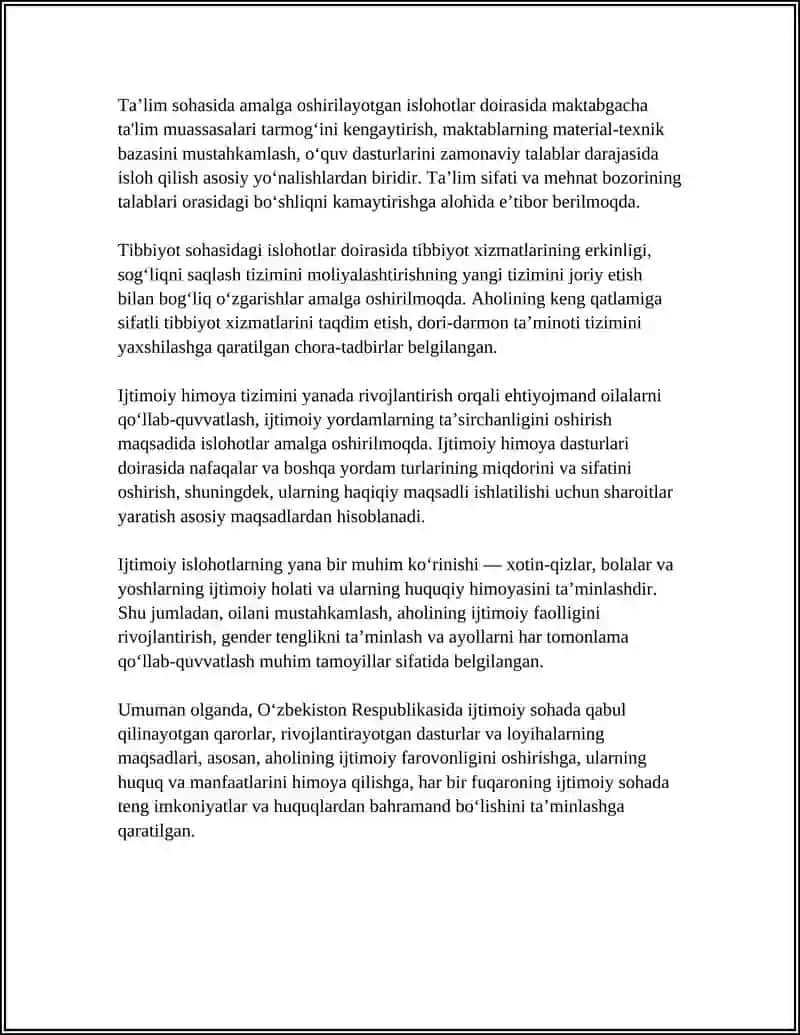 O'ZBEKISTONDA IJTIMOIY SOHADA AMALGA OSHIRILAYOTGAN O‘ZGARISHLAR MAZMUN VA MOHIYATI 4