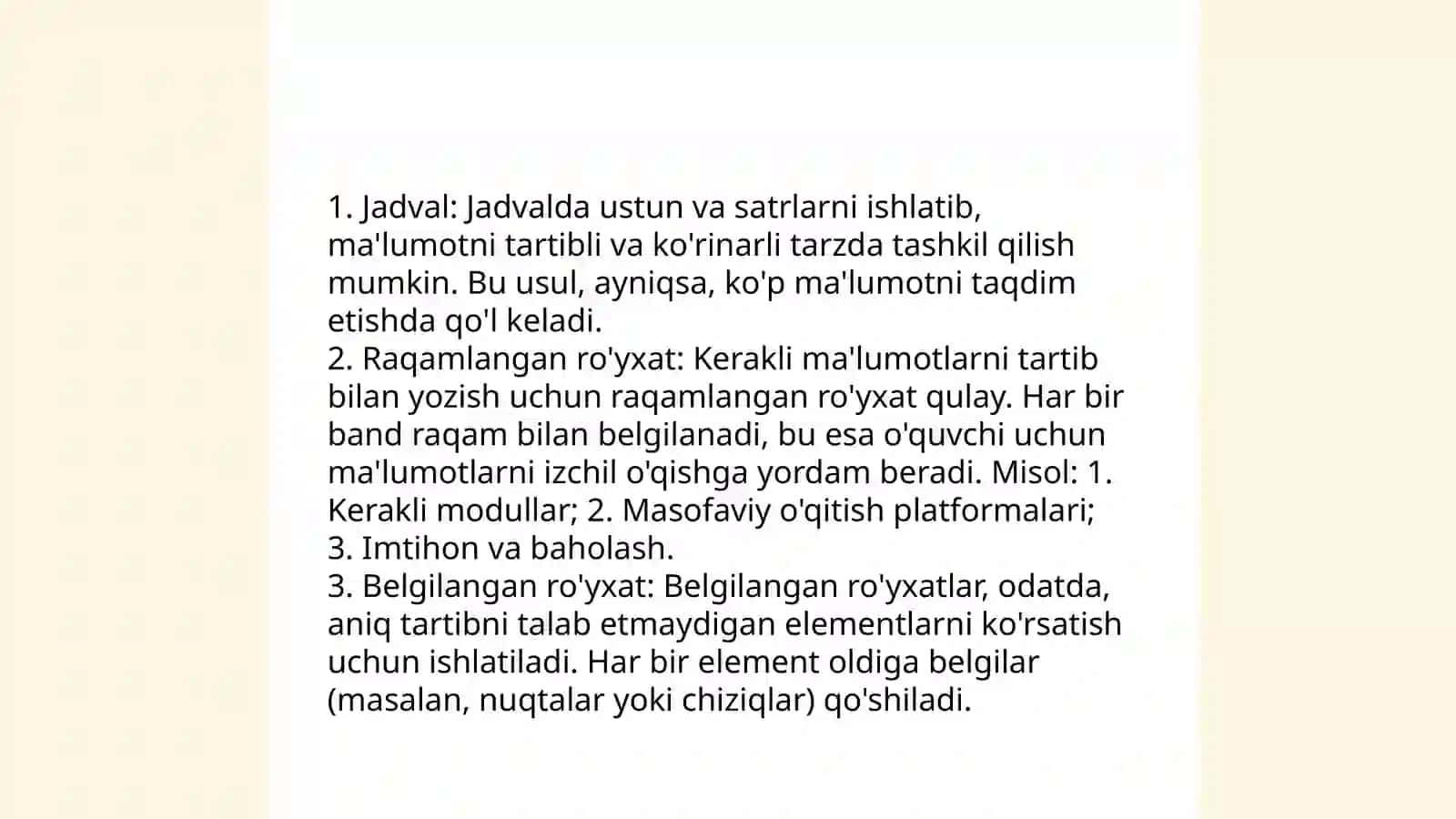 List maʼlumotlar tuzilmasi va uning metodlari bilan ishlash 4