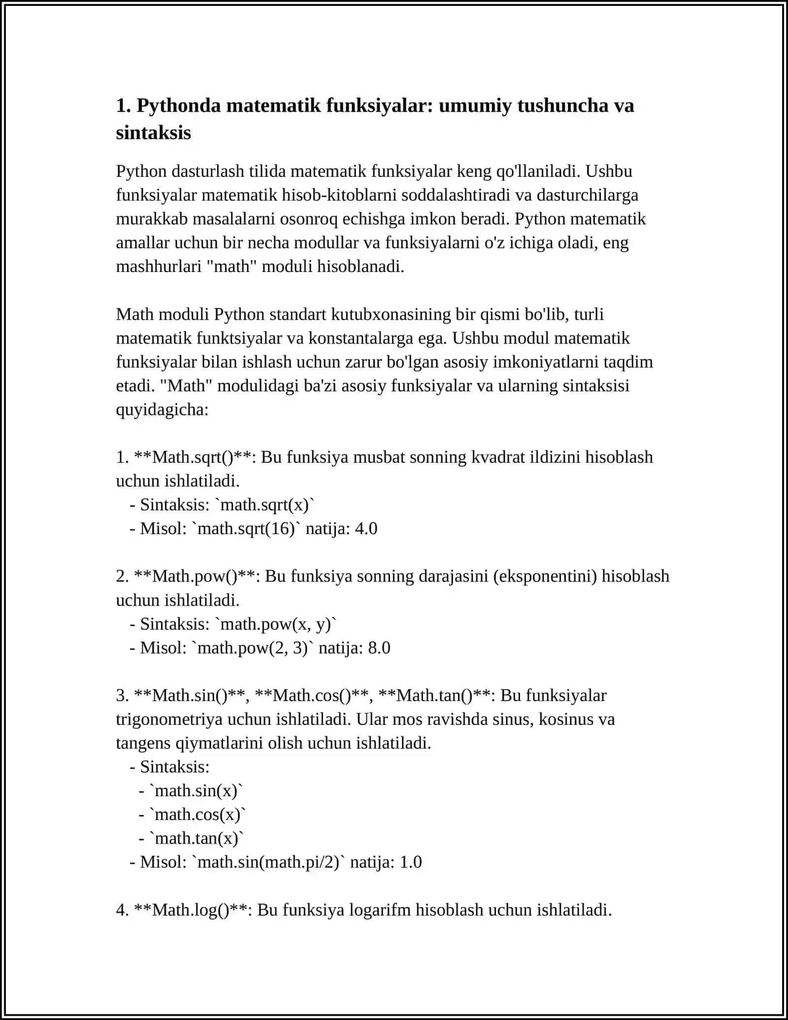 PHYTON DASTURLASH TILIDA FUNKSIYALAR. MATEMATIK FUNKSIYALAR 4