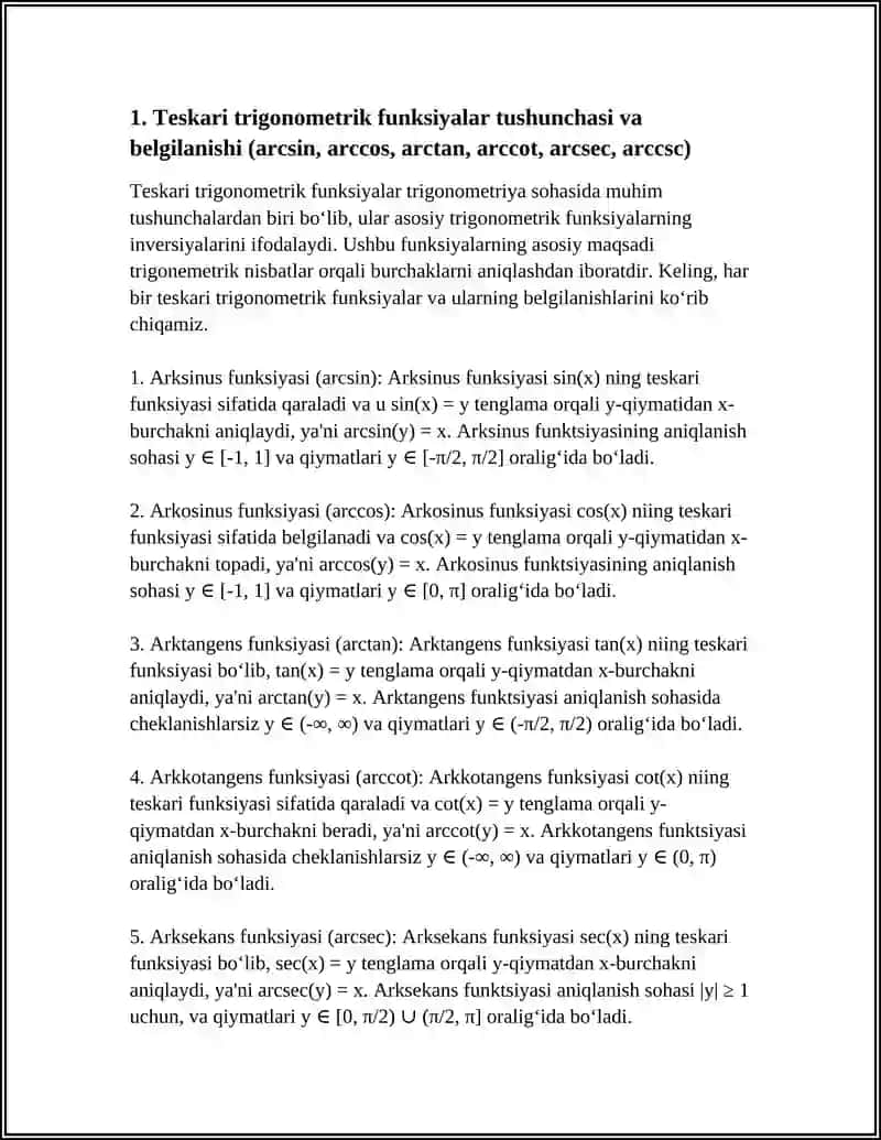 TESKARI TRIGONOMETRIK FUNKSIYALAR VA ULARNING XOSSALARI 4