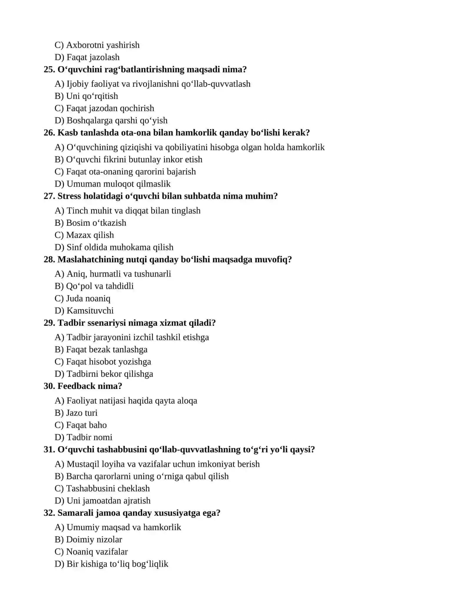 MAKTAB MASLAHATCHISI LAVOZIMIGA ISHGA KIRISH UCHUN SINOV TESTLARI 4