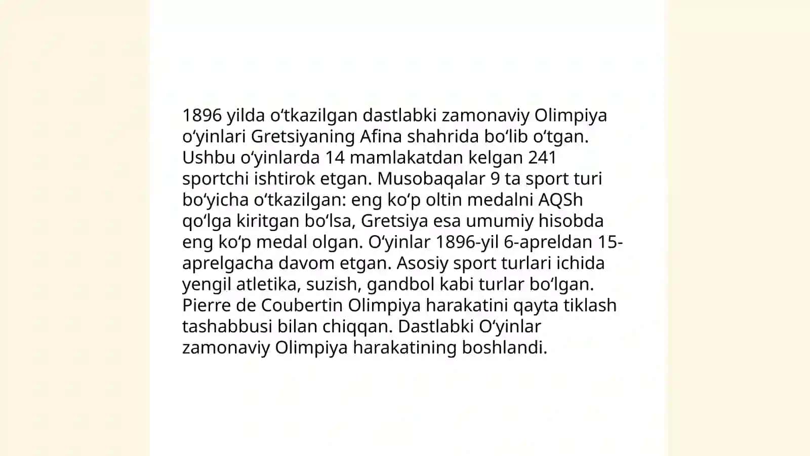 Olimpiya o'yinlarining xususayatlari (1896-hozirgi davrgacha) 4