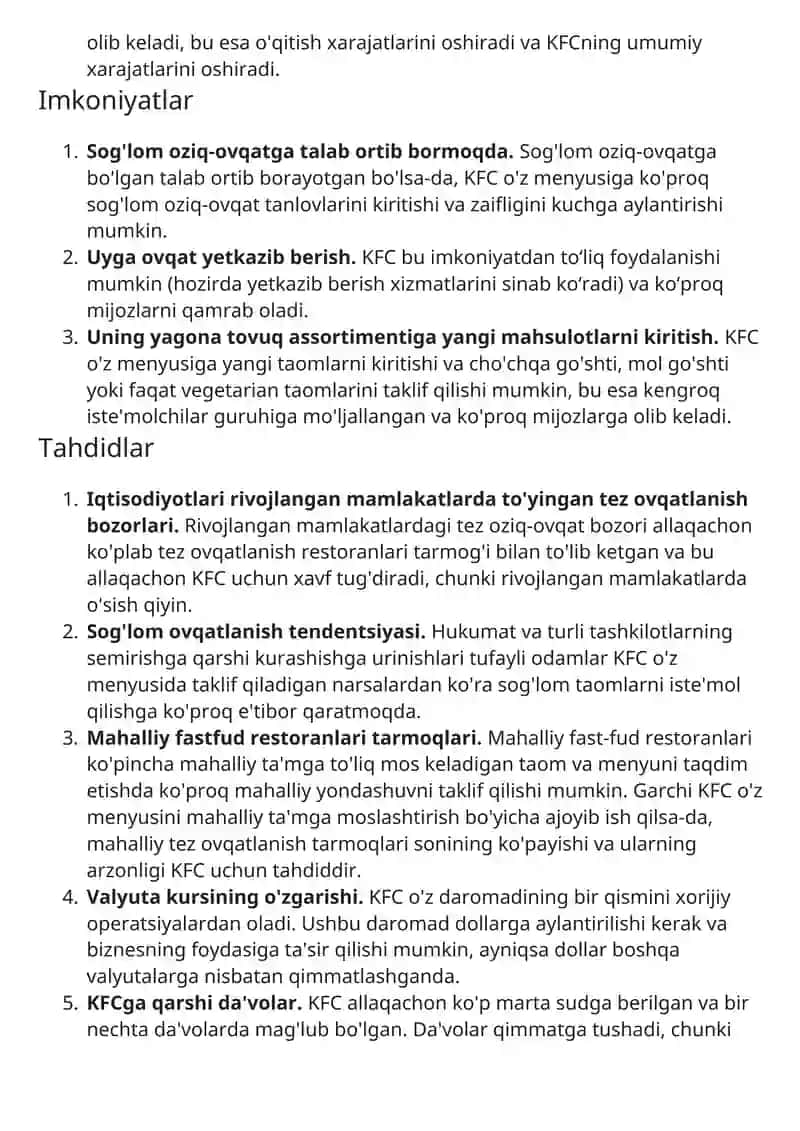 Kentukki Fried Chicken (KFC) SWOT tahlili 4