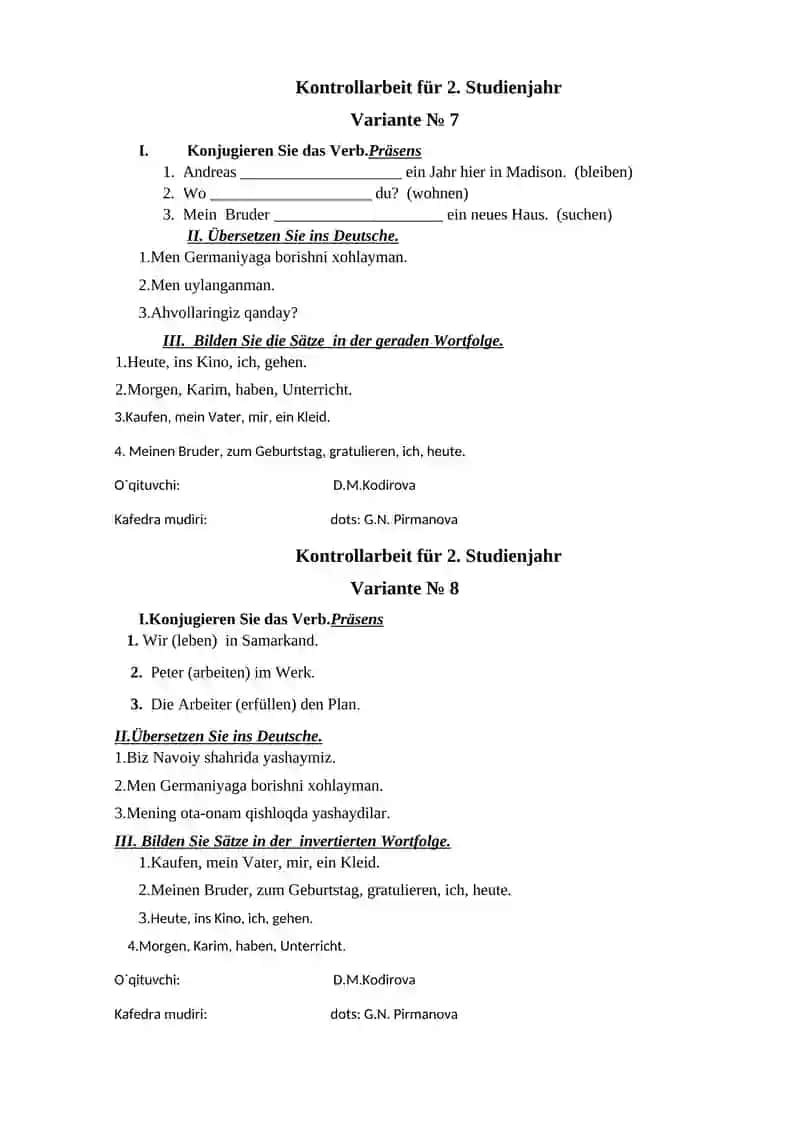 Kontrollarbeit für 2. Studienjahr 4