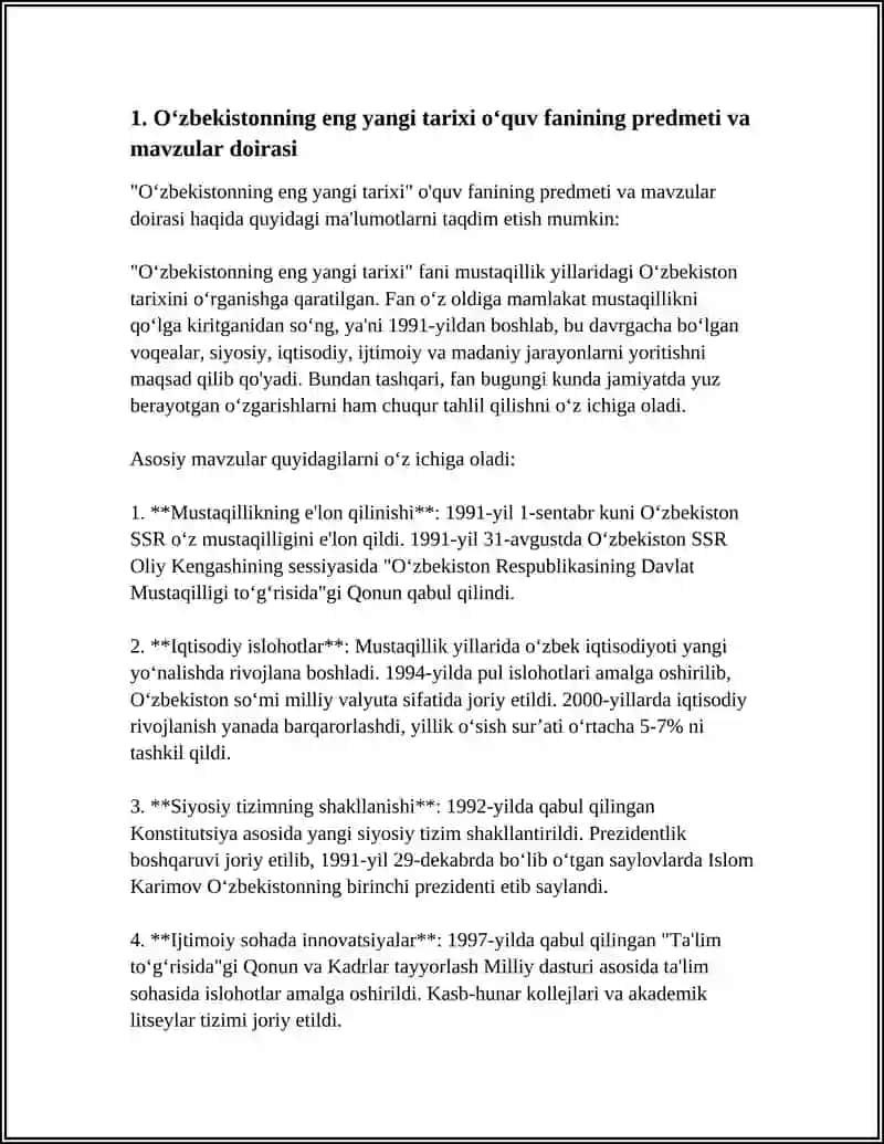 O‘zbekistonning eng yangi tarixi o‘quv fanining predmeti, maqsadi va vazifalari, nazariy-metodologik tamoyillari 4