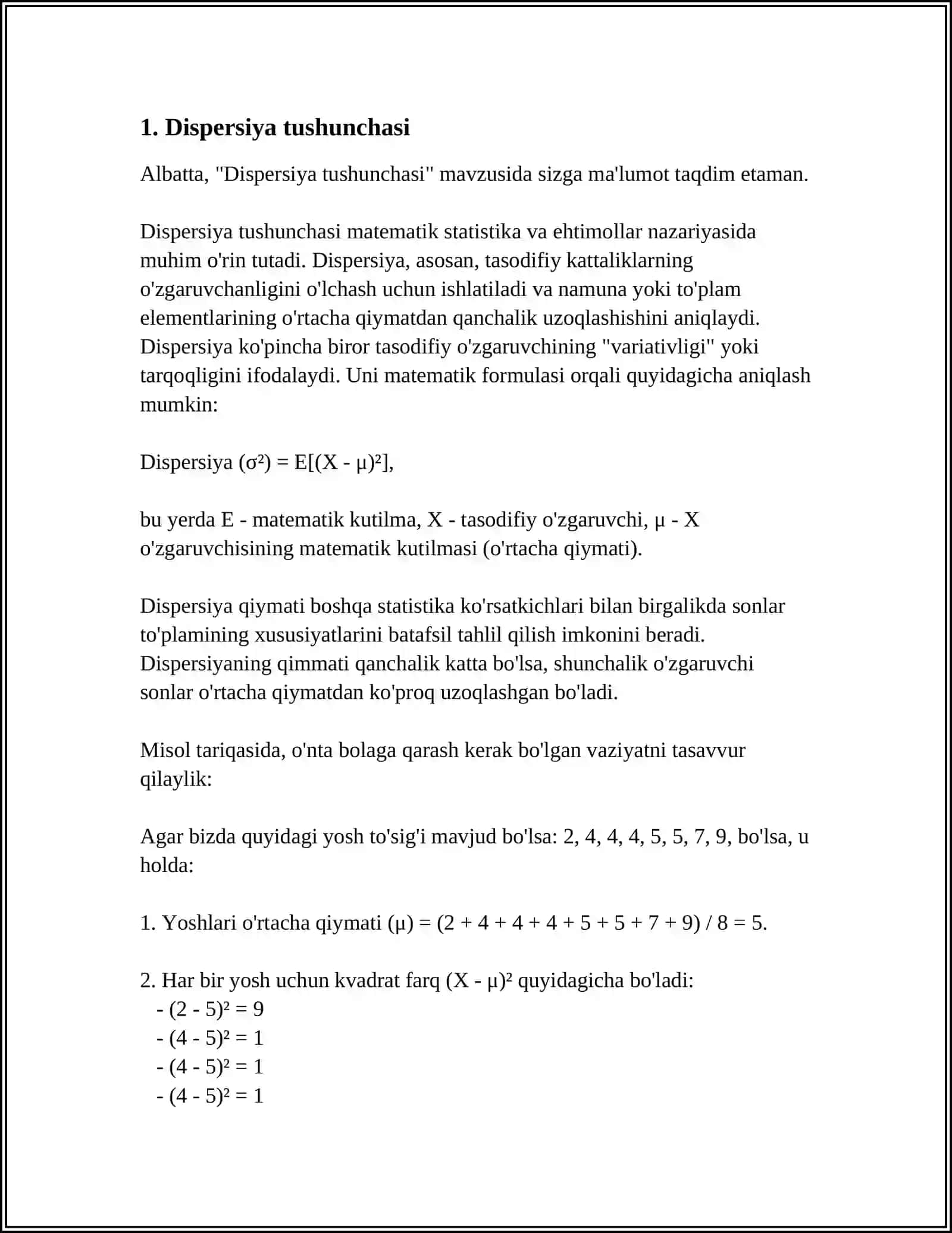 DISPERSIYA BAHOSINING HOSSALARI 4