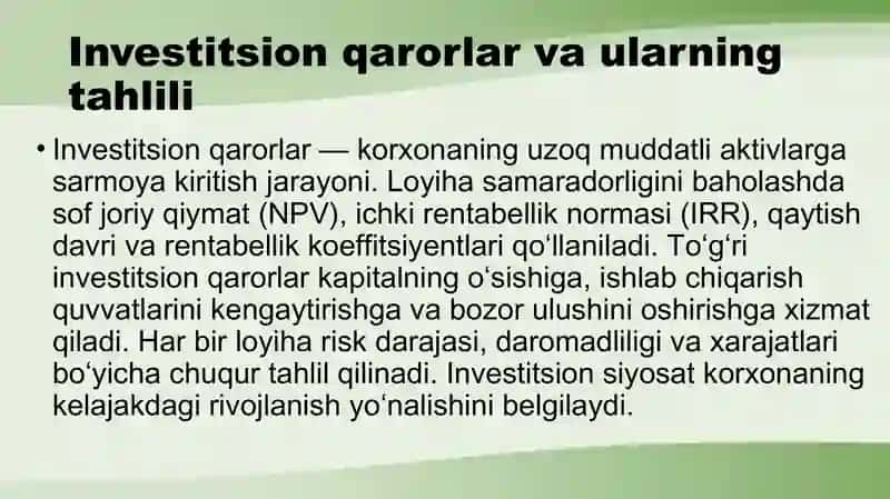 Korxonalarda moliyaviy qarorlar qabul qilish asoslari 4