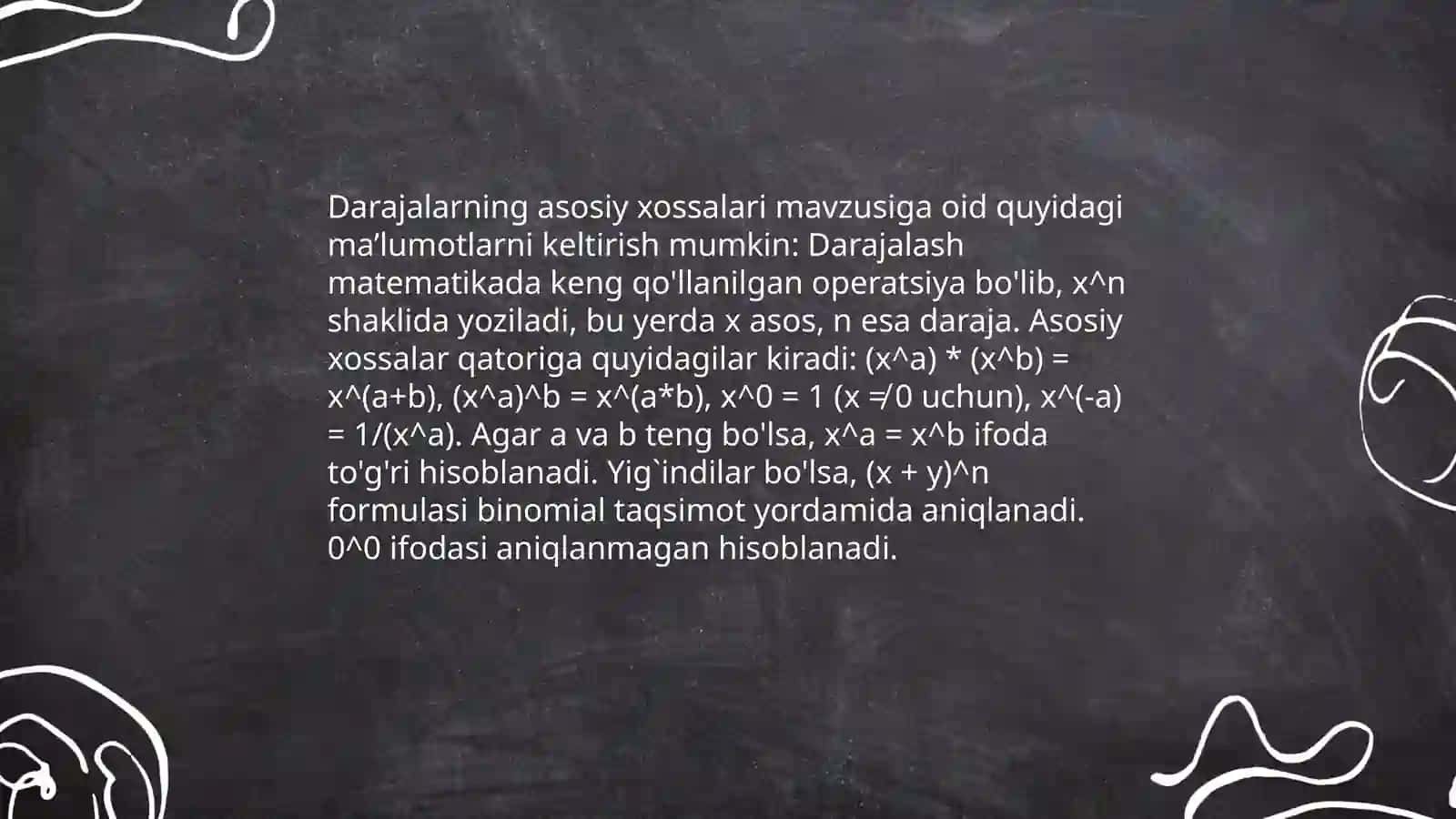 Ratsional ko'rsatkichli daraja qatnashgan misollar va ularning xossalari 4