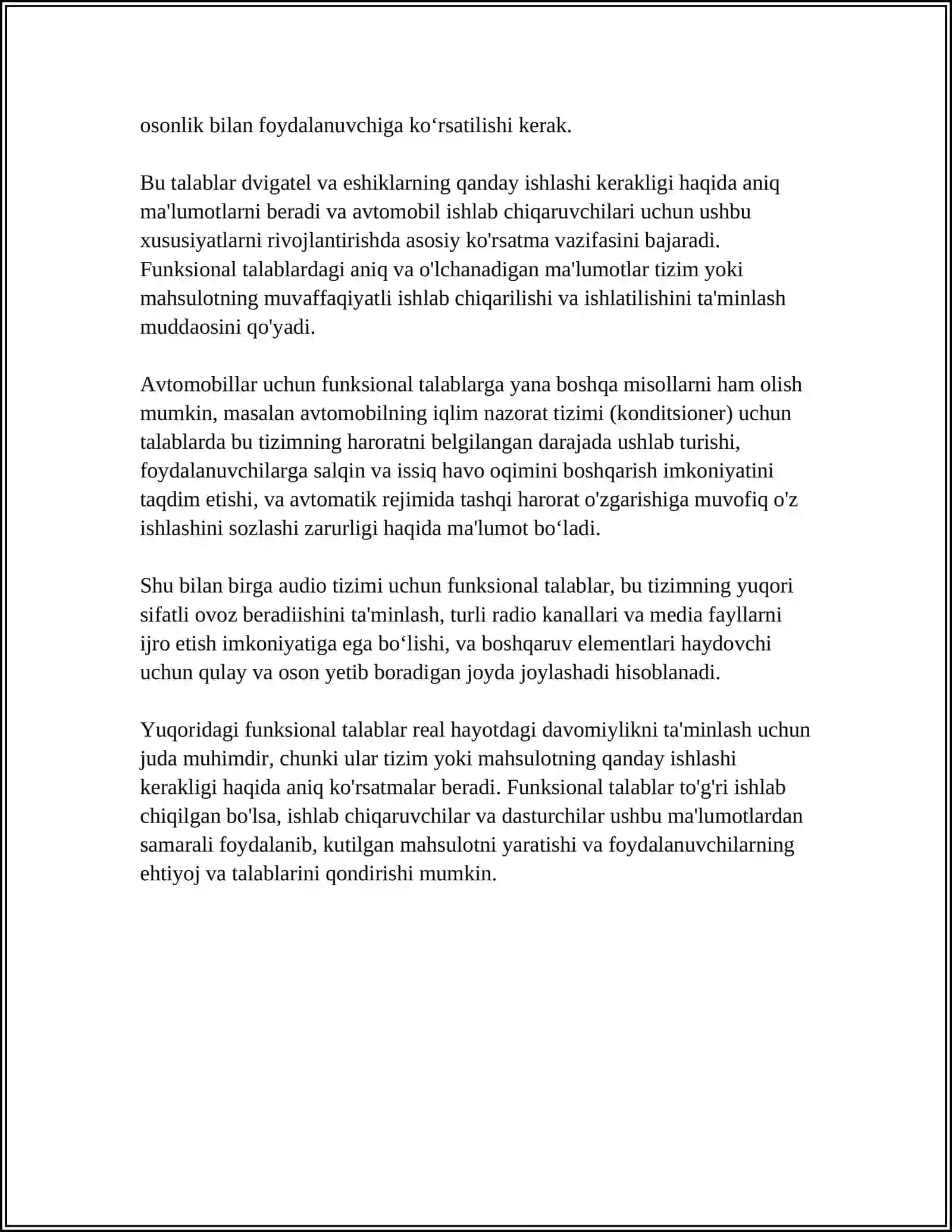FUNKSIONAL VA NO-FUNKSIONAL TALABLAR: FARQLARIVA O‘ZAROBOG‘LIQLIGI. MASHINA MISOLIDA 4