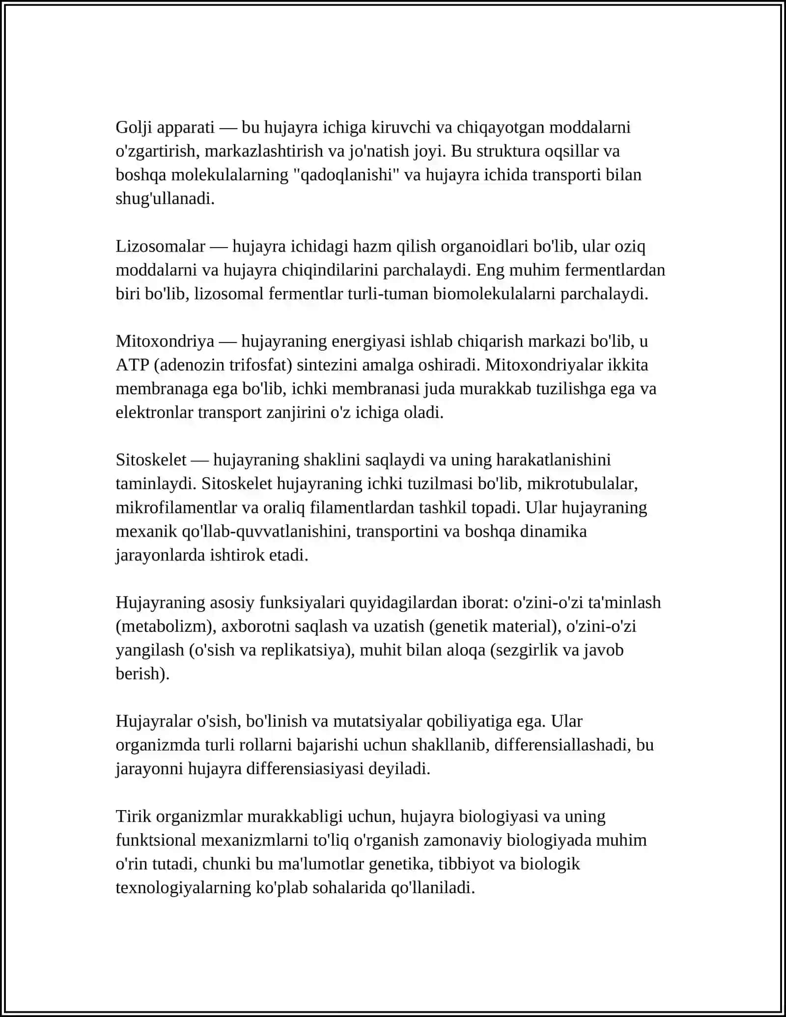 HUJAYRA TUZILISHI. NERNS TENGLAMASI. HUJAYRA MEMBRANASI STRUKTURASI VA FUNKSIYASI 4
