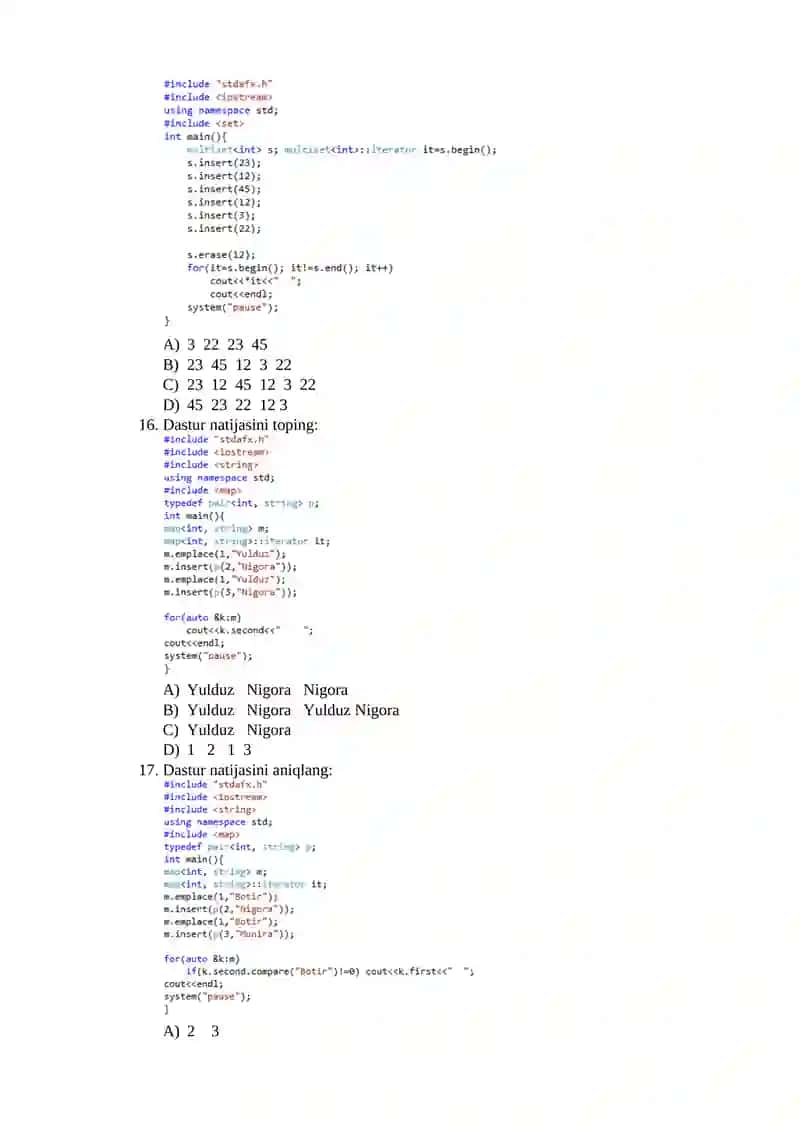 Assotsiativ va tartiblanmagan assotsiativ konteynerlar(set, map, multiset, multimap, unordered_set, unordered_map, unordered_multiset, unordered_multimap) 4