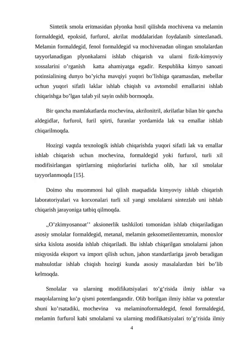 Mochevina-furfurol smolasining olinishi va fizik-kimyoviy xossalari 4