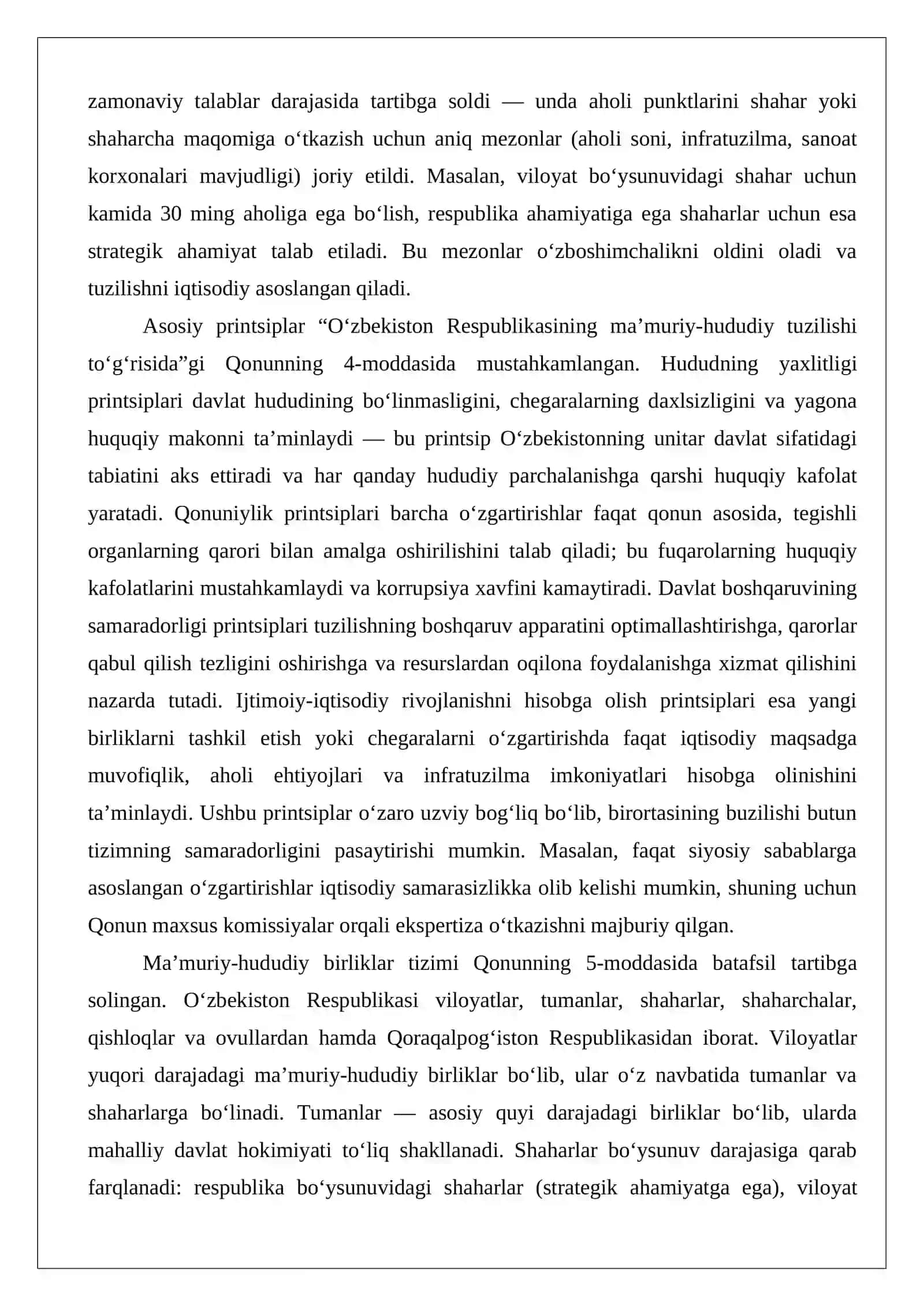 O‘zbekistonning ma’muriy-hududiy tuzilishi va ma’muriy-hududiy birliklarni tashkil etish, tugatish tartibi 4