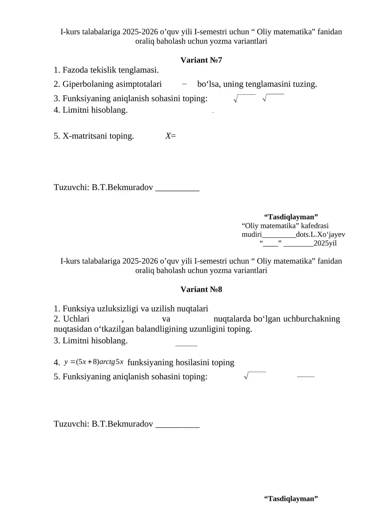 Oliy matematika fanidan oraliq baholash variantlari 4